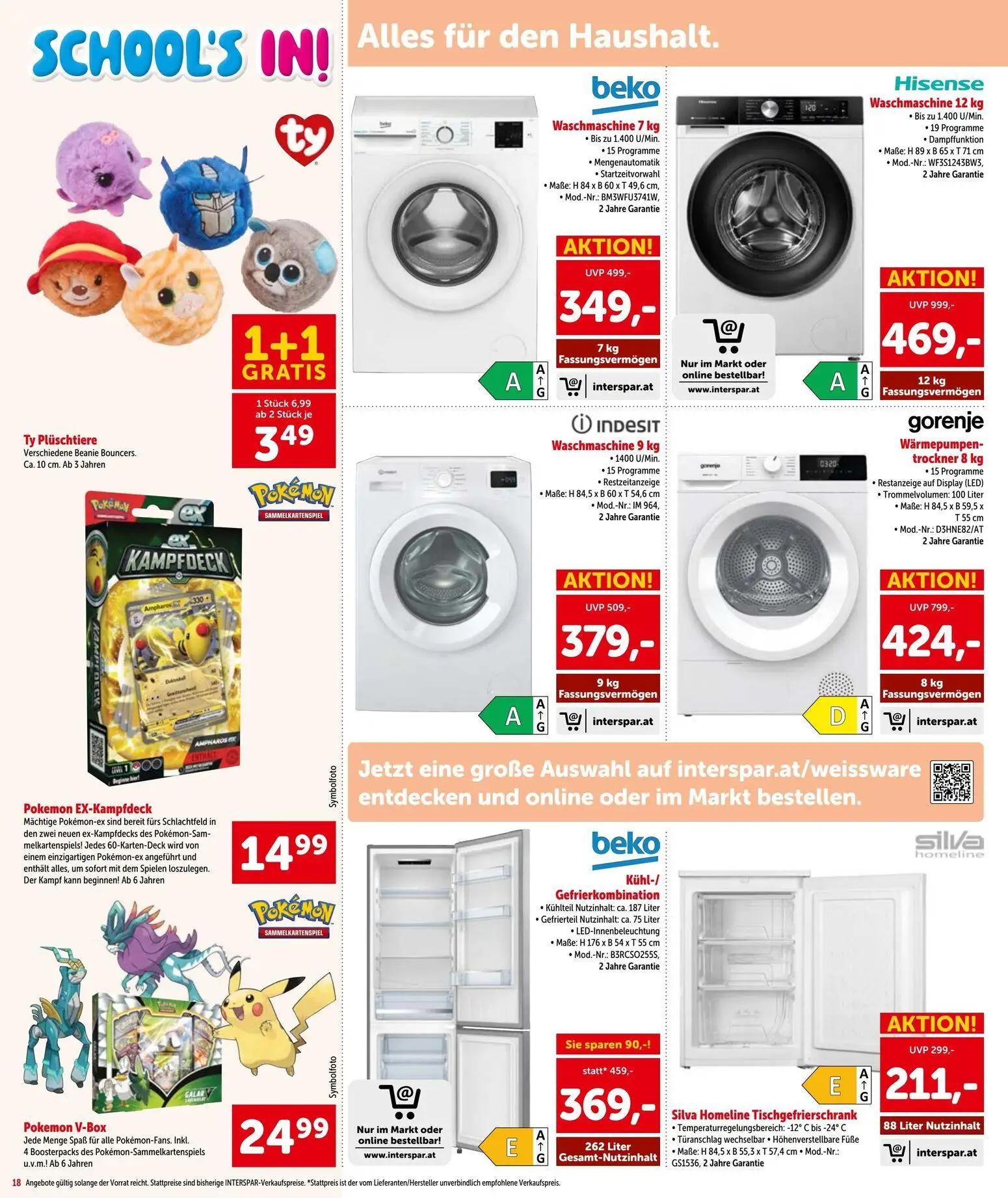 Interspar Prospekt, Seite 18 von 20 — Hisense Waschmaschine 12 kg, gorenje Wärmepumpen- trockner 8 kg, beko Waschmaschine 7 …