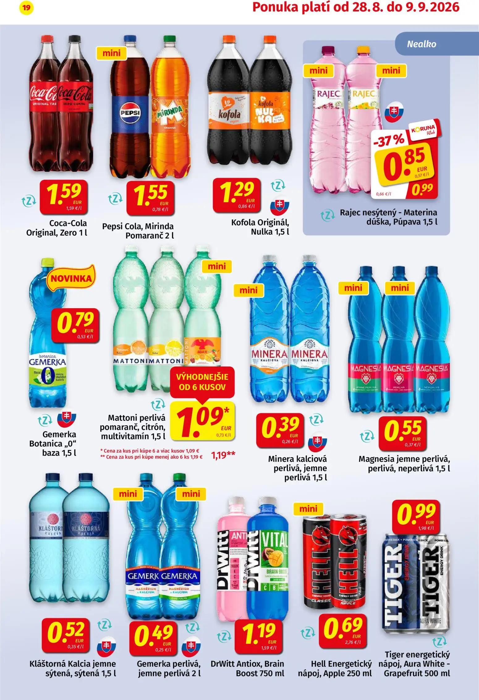 Koruna leták, strana 19 z 24 — Rajec nesýtený - Materina dúška, Púpava, Mattoni perlivá pomaranč, citrón, multivitamín, Coca…
