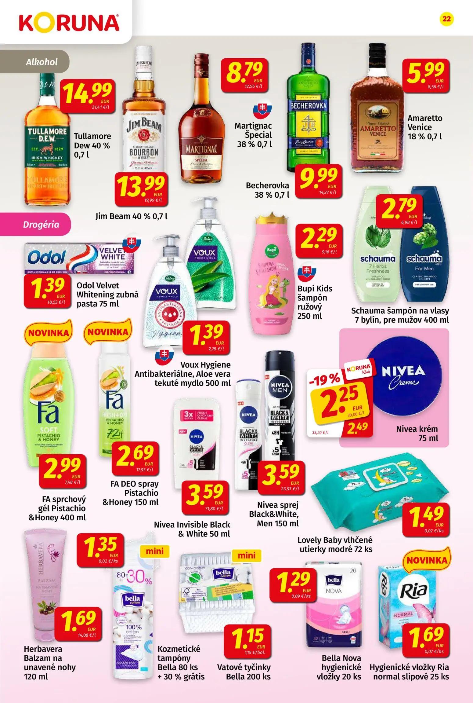 Koruna leták, strana 22 z 24 — Nivea krém, Tullamore Dew 40%, Jim Beam 40%