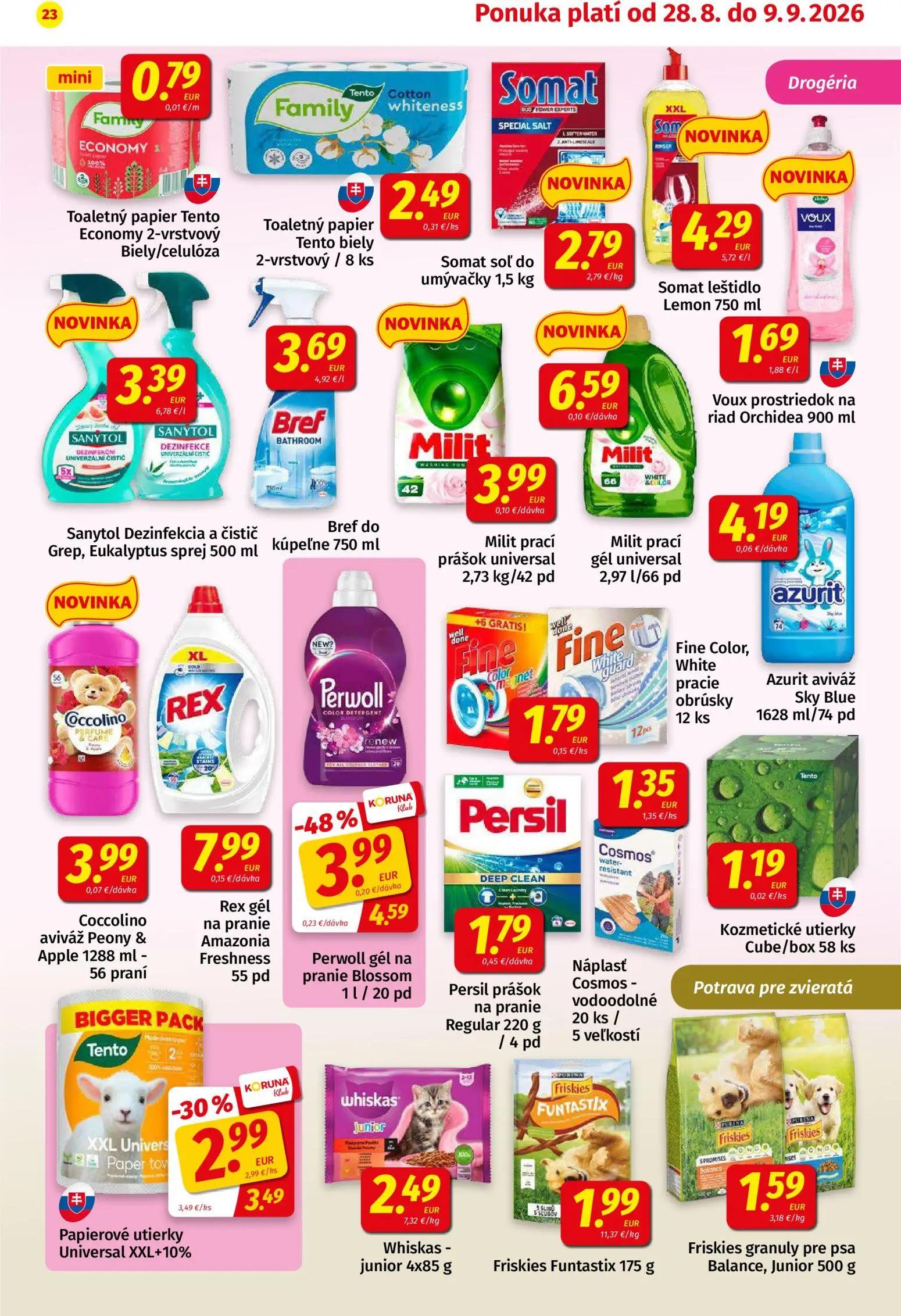 Koruna leták, strana 23 z 24 — Perwoll gél na pranie Blossom, Papierové utierky Universal XXL+10%, Toaletný papier Tento Eco…