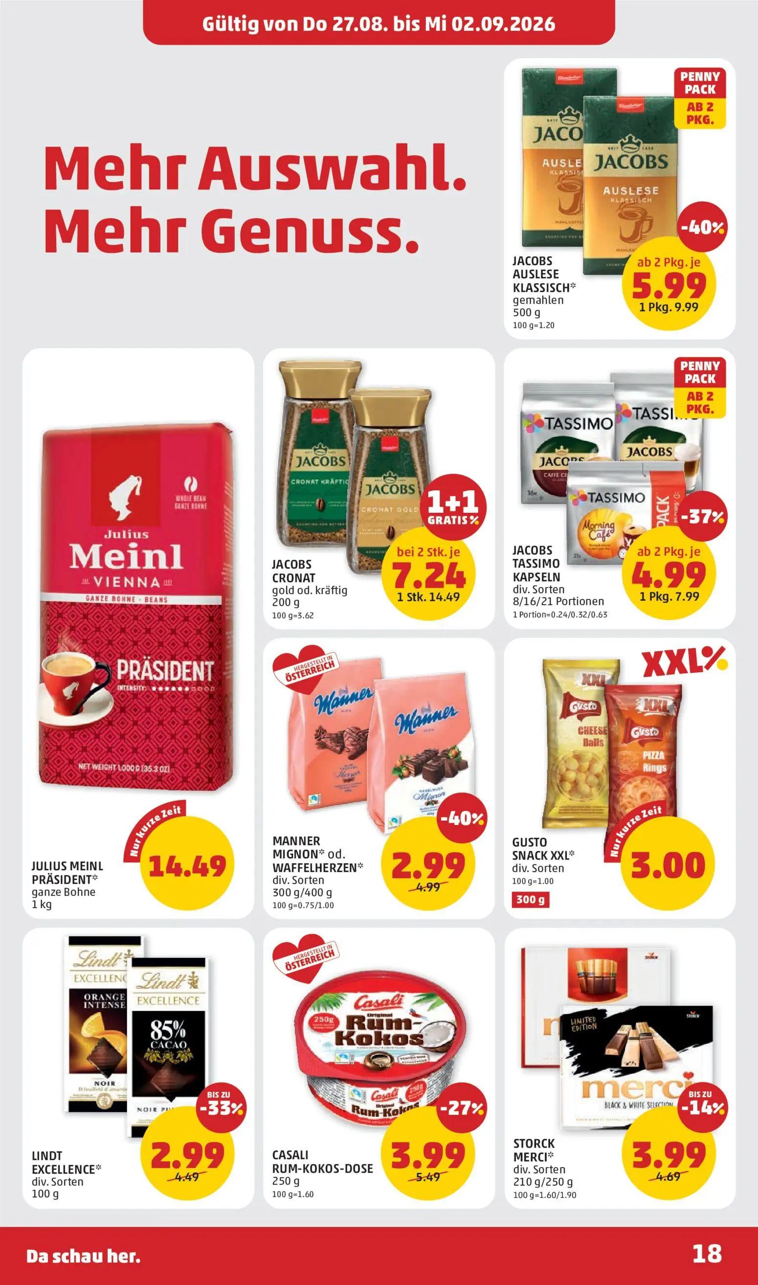 PENNY Prospekt, Seite 18 von 32 — JACOBS CRONAT gold od. kräftig, JACOBS AUSLESE KLASSISCH* gemahlen, JACOBS TASSIMO KAPSELN…