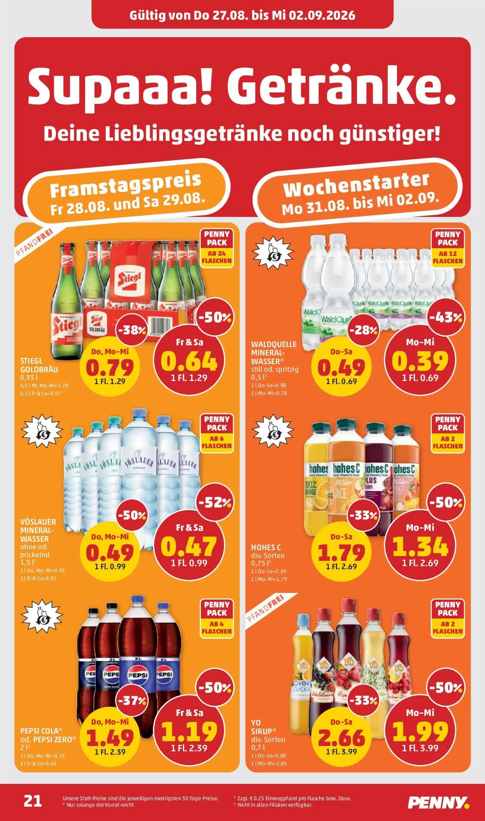 PENNY Prospekt, Seite 21 von 32 — HOHES C div. Sorten, PEPSI COLA* od. PEPSI ZERO*, WALDQUELLE MINERAL-WASSER*