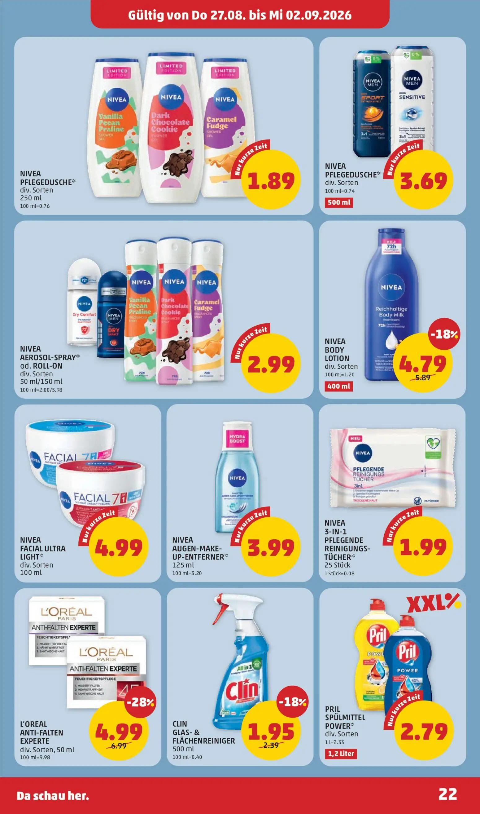 PENNY Prospekt, Seite 22 von 32 — NIVEA BODY LOTION div. Sorten, CLIN GLAS- & FLÄCHENREINIGER, NIVEA PFLEGEDUSCHE Vanilla Pe…