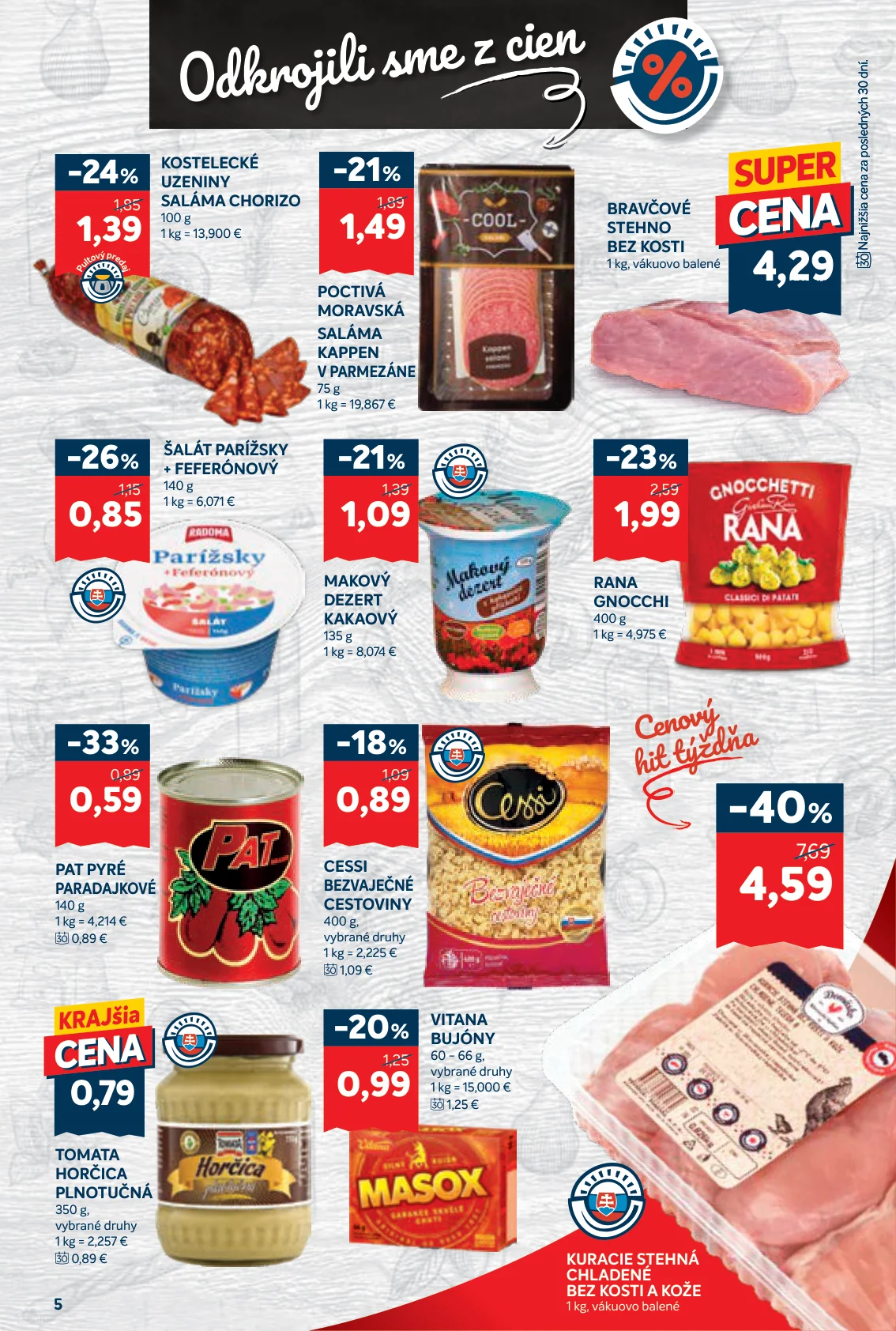 Kraj leták, strana 9 z 16 — KURACIE STEHNÁ CHLADENÉ BEZ KOSTI A KOŽE, RANA GNOCCHI, KOSTELECKÉ UZENINY SALÁMA CHORIZO