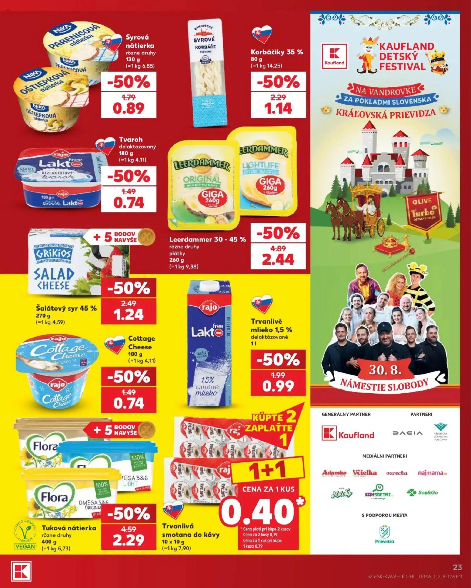 Kaufland leták, strana 23 z 76 — Leerdammer 30 - 45 % rôzne druhy plátky, Cottage Cheese