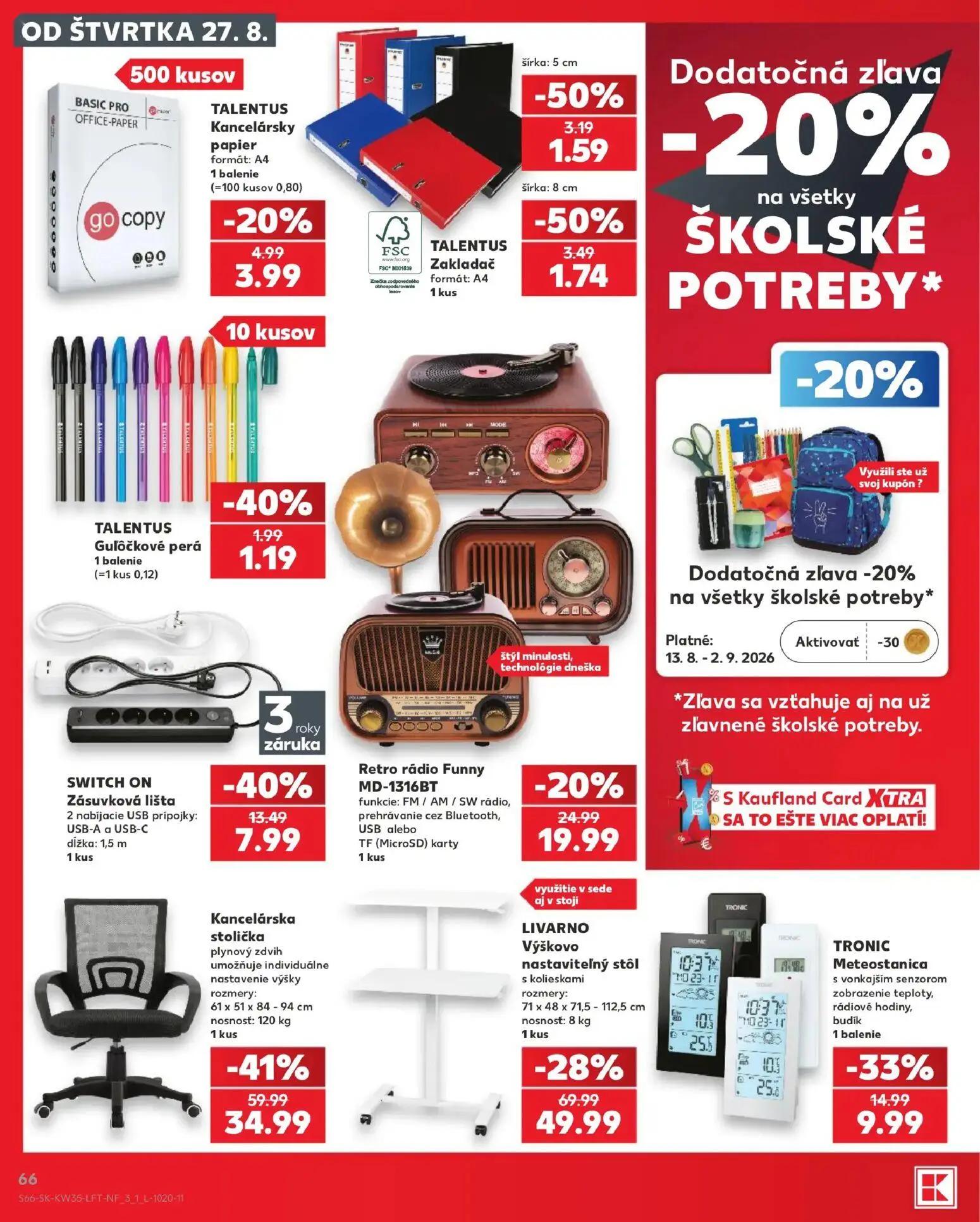 Kaufland leták, strana 66 z 76 — SWITCH ON Zásuvková lišta, TALENTUS Zakladač formát: A4, TALENTUS Kancelársky papier formát…
