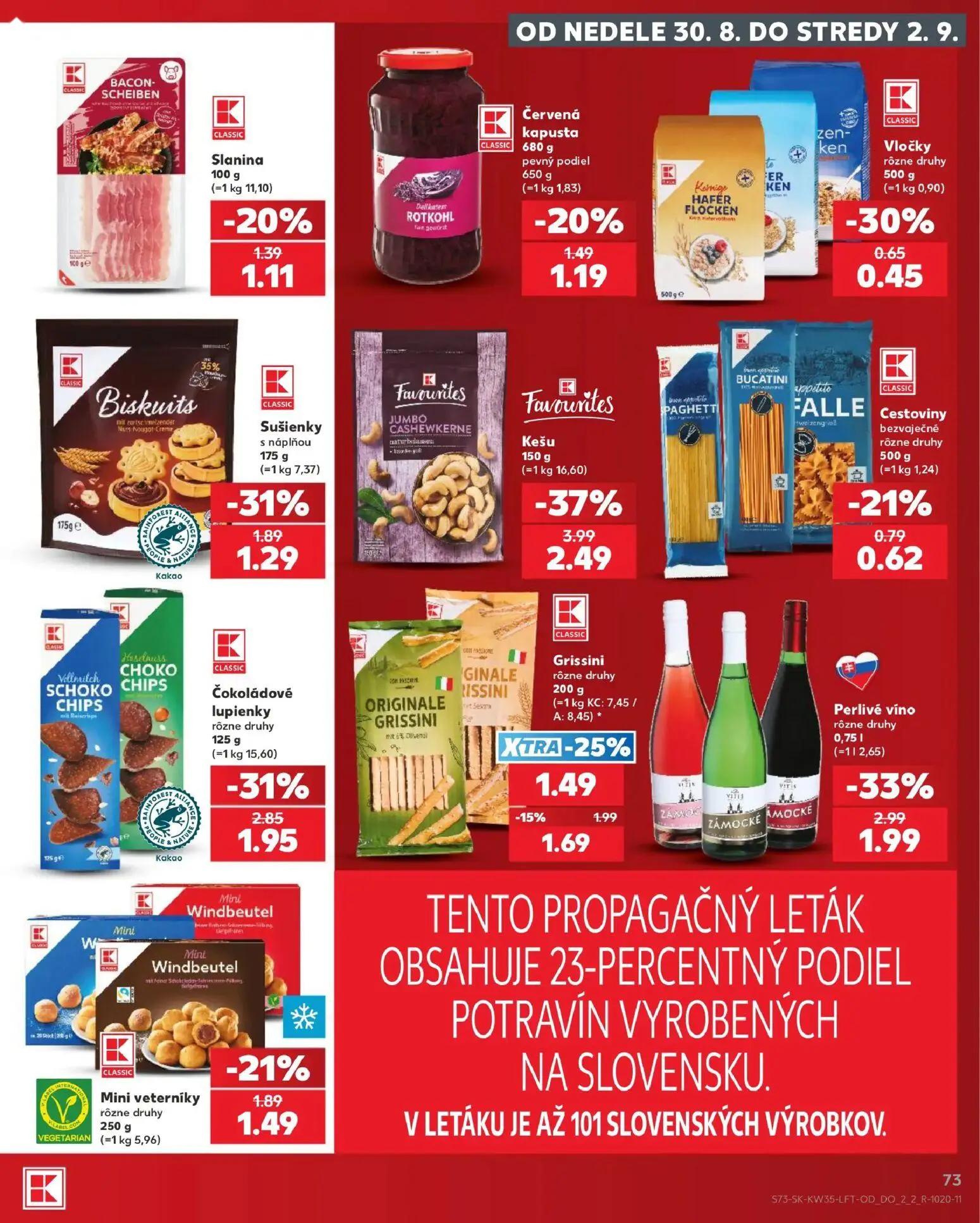 Kaufland leták, strana 73 z 76 — Kešu, Perlivé víno rôzne druhy, Grissini rôzne druhy