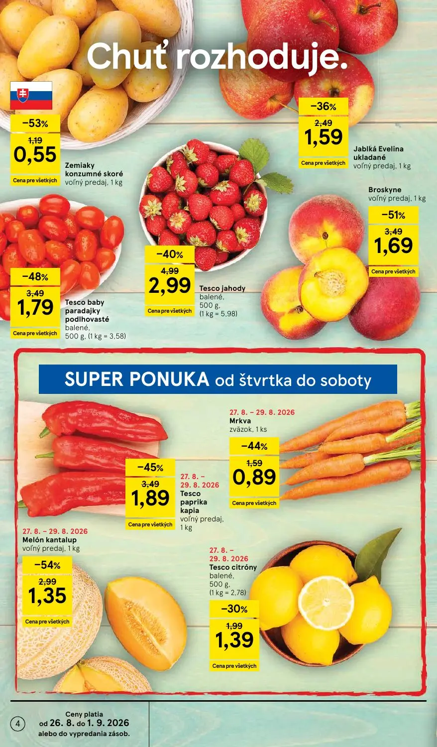 Tesco Supermarket leták, strana 4 z 38 — Tesco jahody balené, Broskyne, Tesco baby paradajky podlhovasté balené