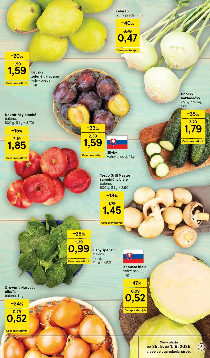 Tesco Supermarket leták, strana 5 z 38 — Uhorky nakladačky, Slivky, Kapusta biela