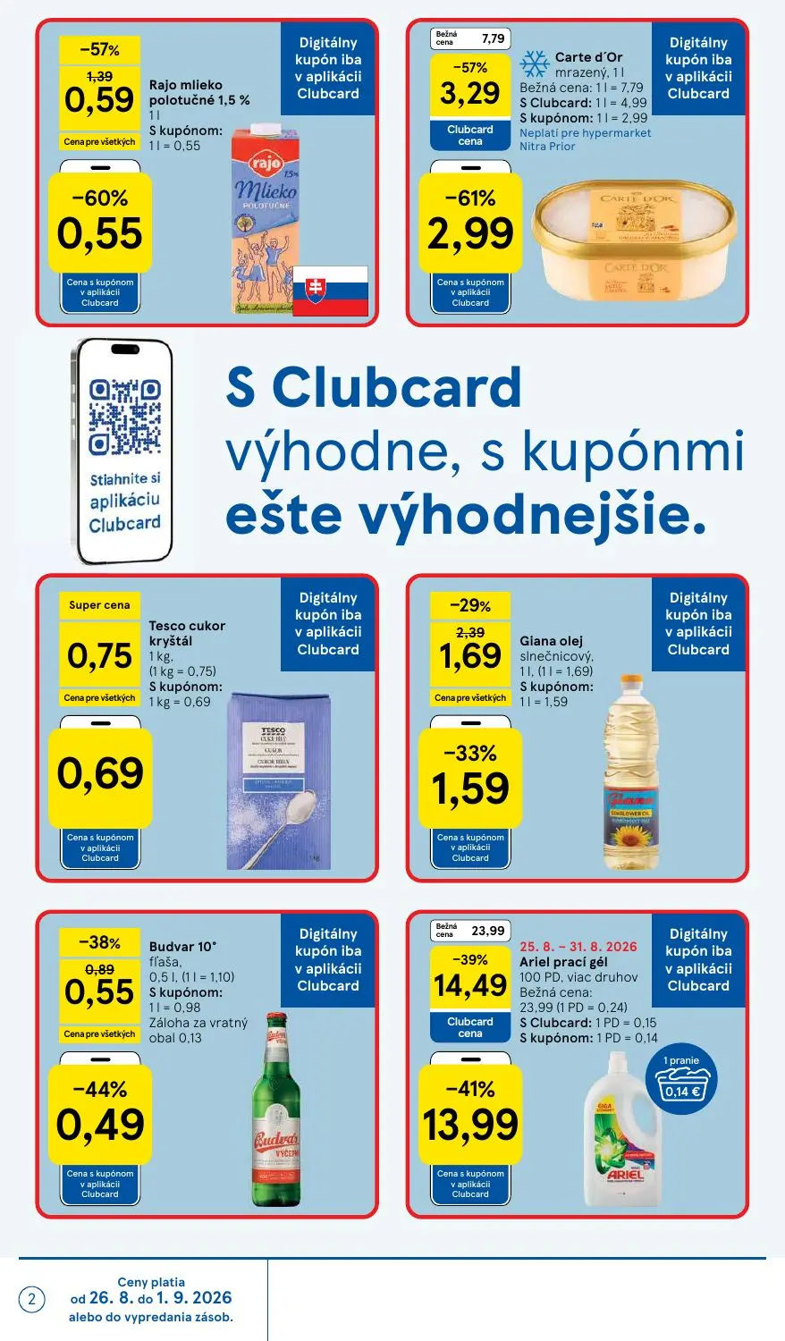 Tesco leták, strana 2 z 58 — Ariel prací gél, Carte d'Or mrazený, Rajo mlieko polotučné 1,5%