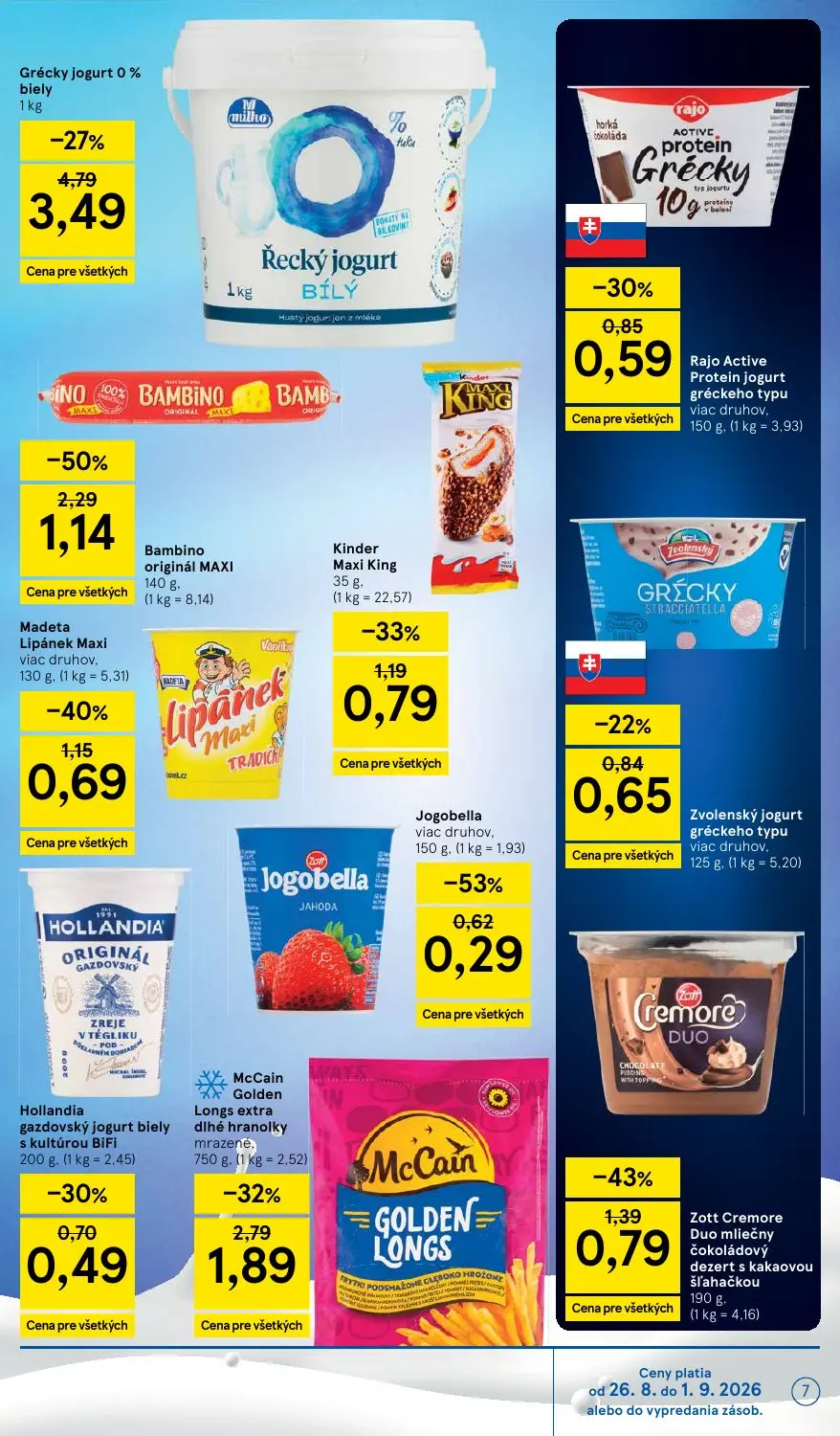 Tesco Supermarket leták, strana 7 z 38 — Grécky jogurt 0% biely, Bambino originál MAXI, Jogobella
