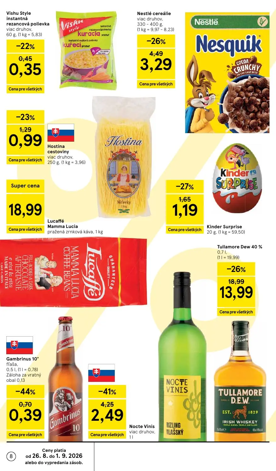 Tesco Supermarket leták, strana 8 z 38 — Tullamore Dew 40%, Nocte Vinis viac druhov,, Nestlé cereálie viac druhov.