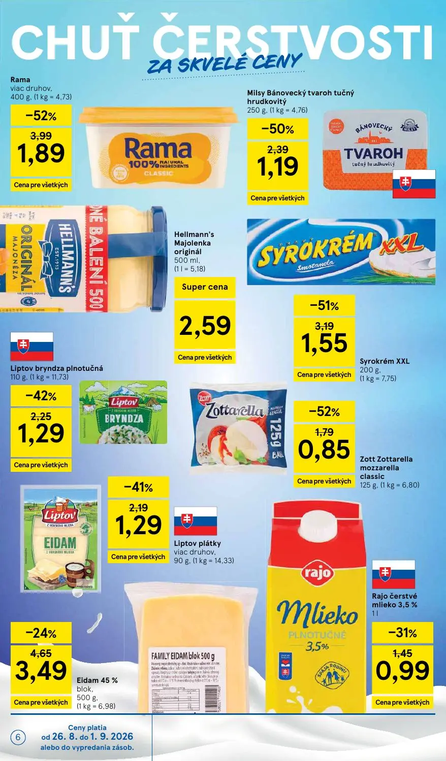 Tesco leták, strana 6 z 58 — Milsy Bánovecký tvaroh tučný hrudkovitý, Liptov bryndza plnotučná, Rajo čerstvé mlieko 3,5%
