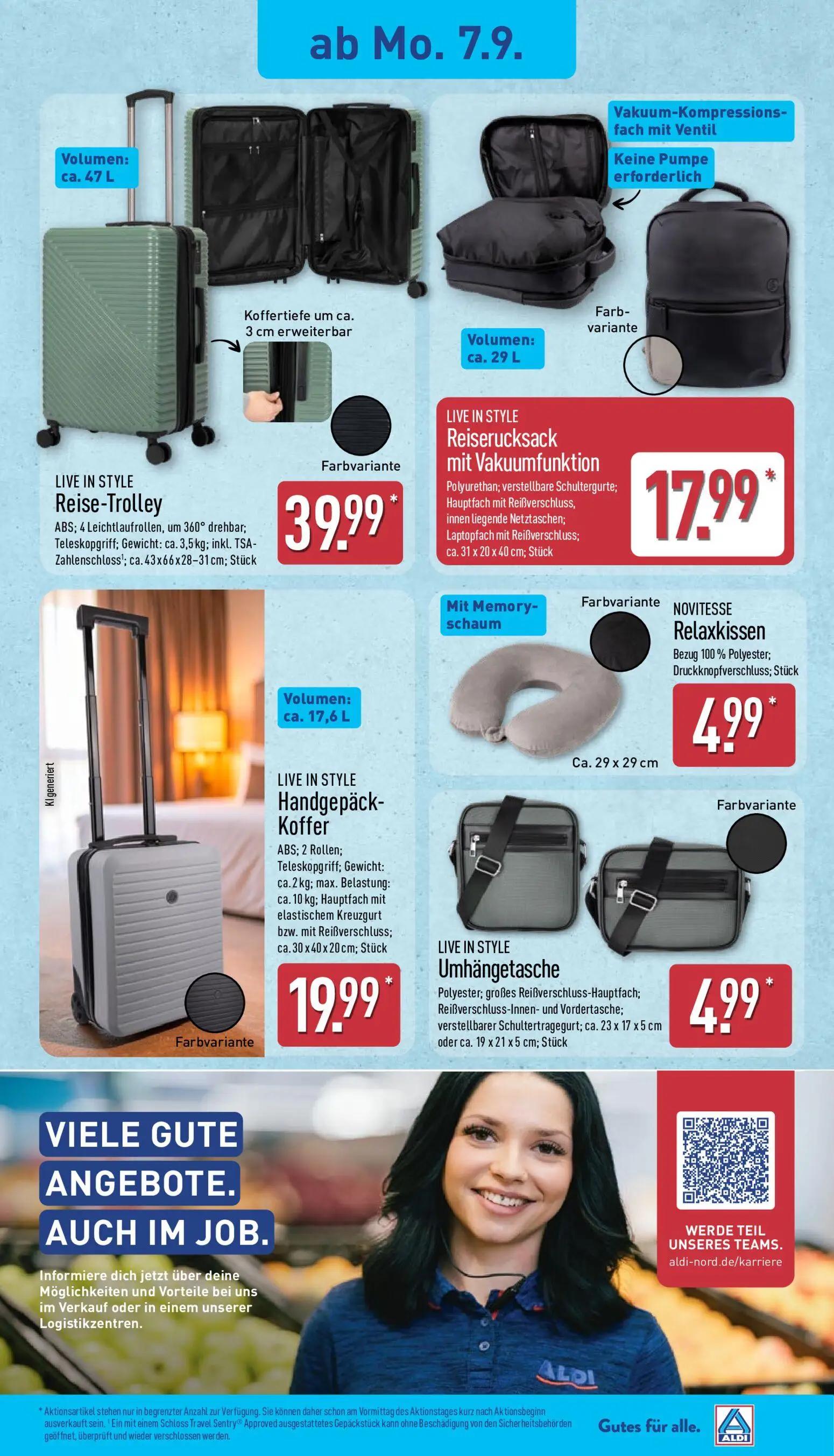 Aldi Nord Prospekt, Seite 7 von 14 — Reise-Trolley, Reiserucksack mit Vakuumfunktion, Relaxkissen