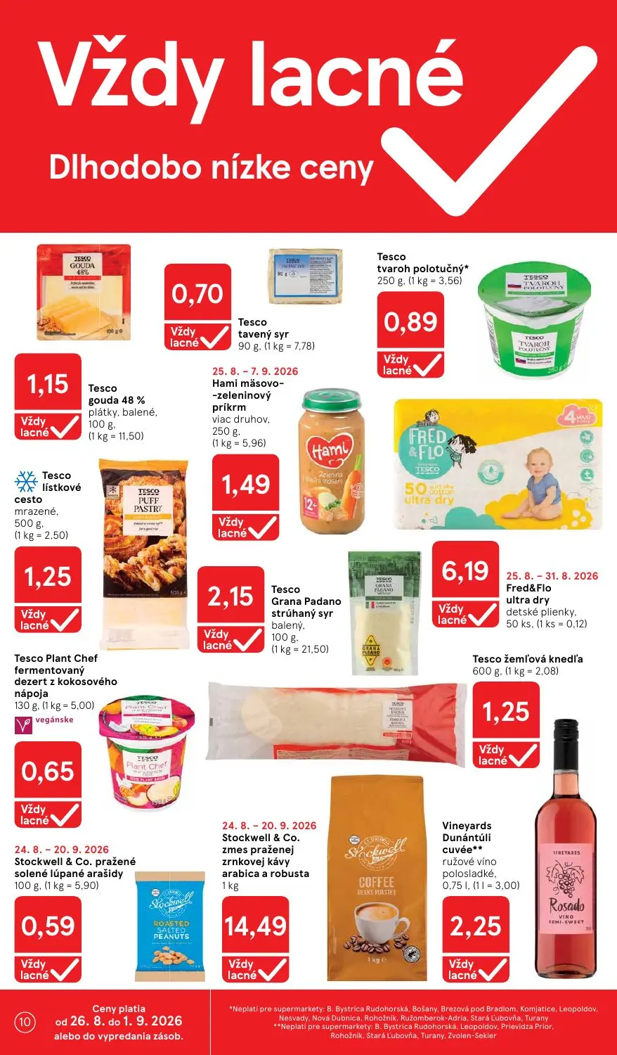 Tesco Supermarket leták, strana 10 z 38 — Tesco gouda 48% plátky, balené, Tesco tavený syr, Tesco tvaroh polotučný
