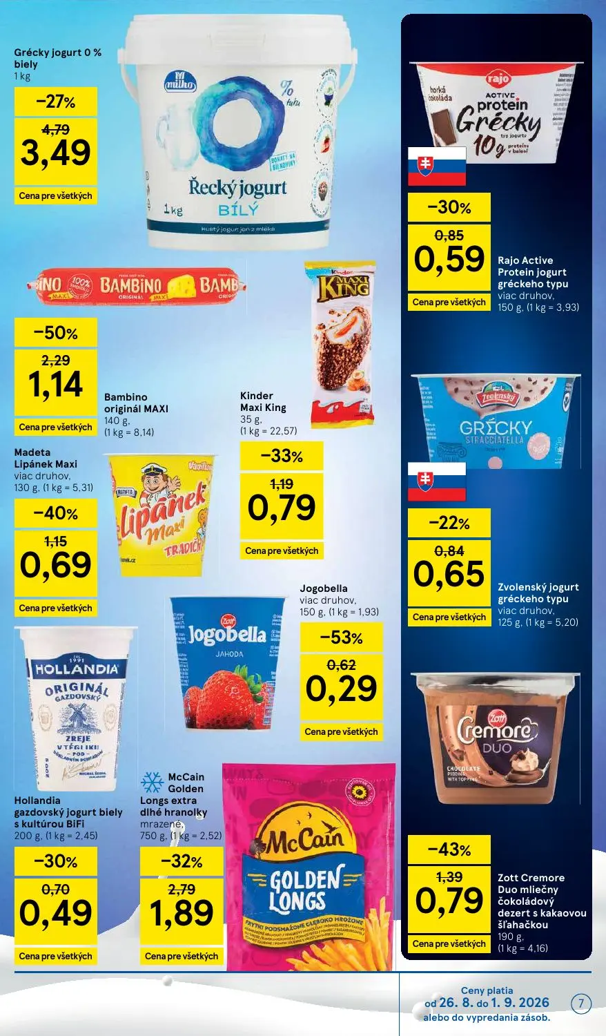 Tesco leták, strana 7 z 58 — Grécky jogurt 0% biely, Rajo Active Protein jogurt gréckeho typu, Hollandia gazdovský jogurt bi…