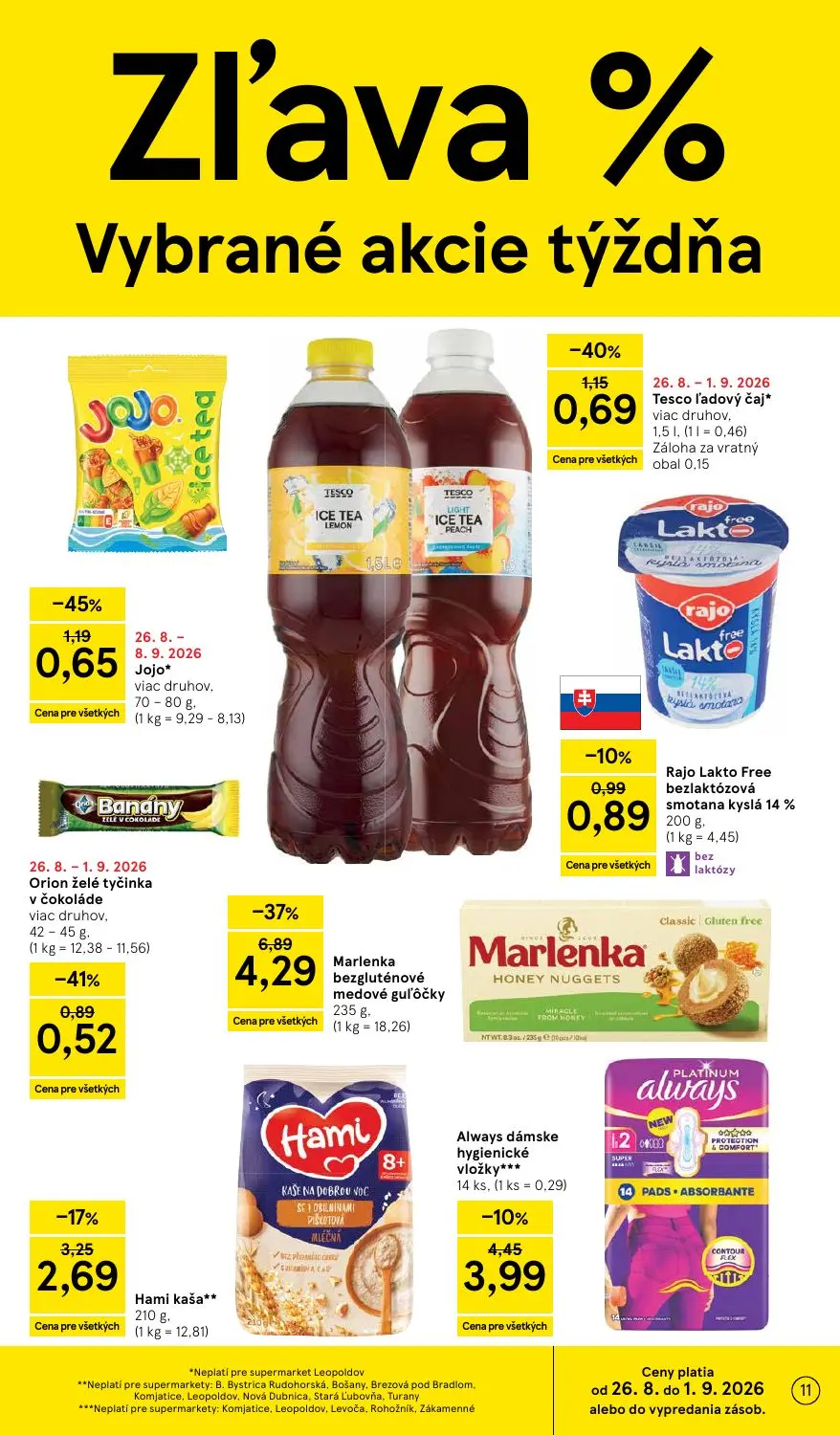 Tesco Supermarket leták, strana 11 z 38 — Hami kaša, Jojo, Tesco l'adový čaj