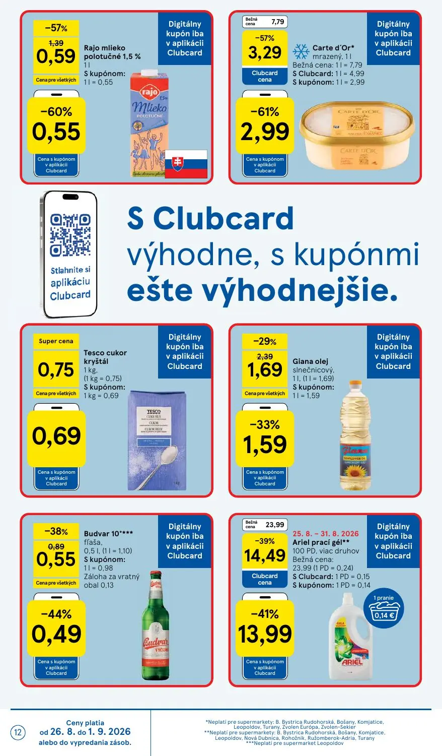 Tesco Supermarket leták, strana 12 z 38 — Ariel prací gél**, Carte d'Or* mrazený, Rajo mlieko polotučné 1,5%