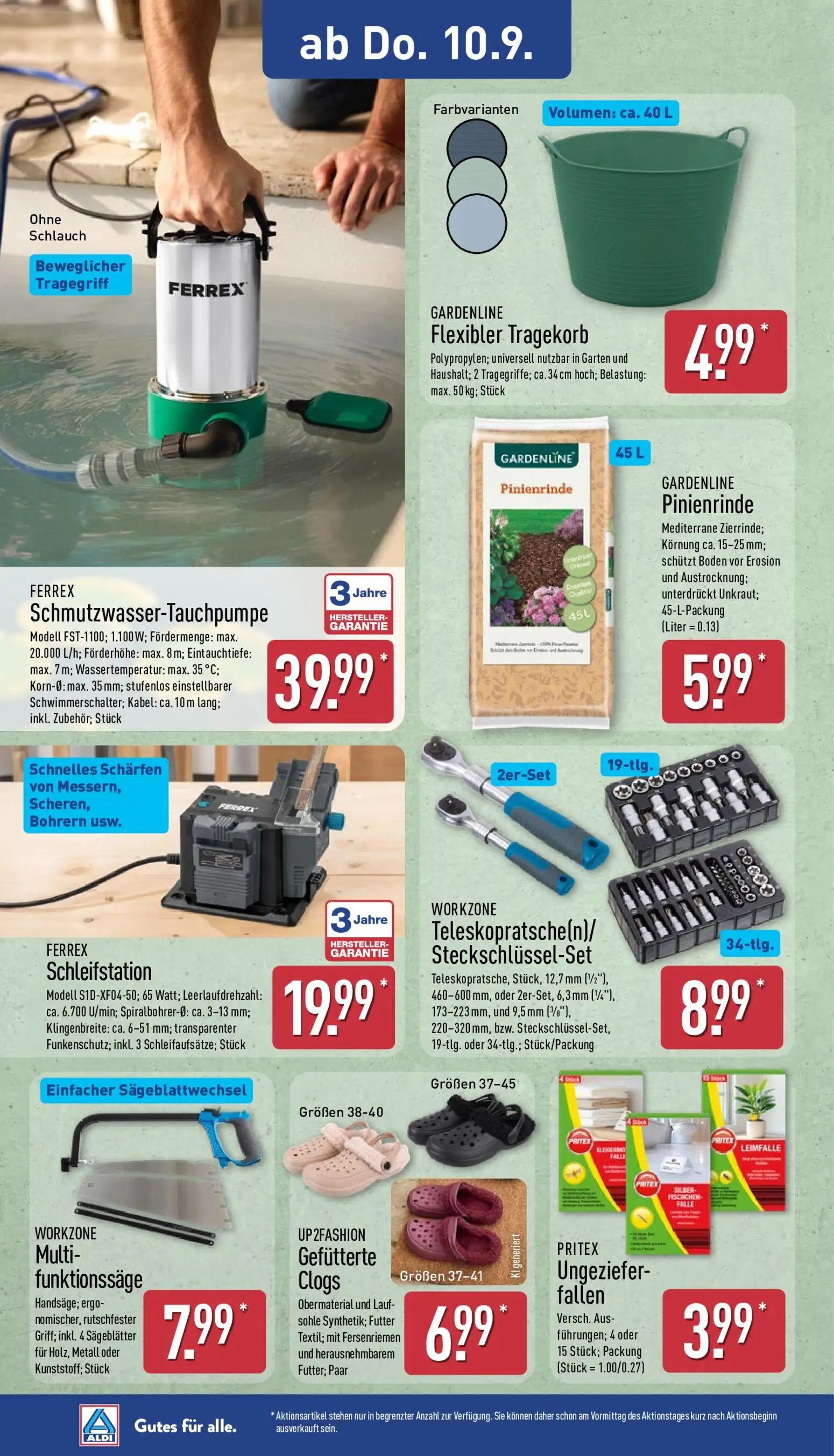 Aldi Nord Prospekt, Seite 10 von 14 — Flexibler Tragekorb, Schmutzwasser-Tauchpumpe, Pinienrinde