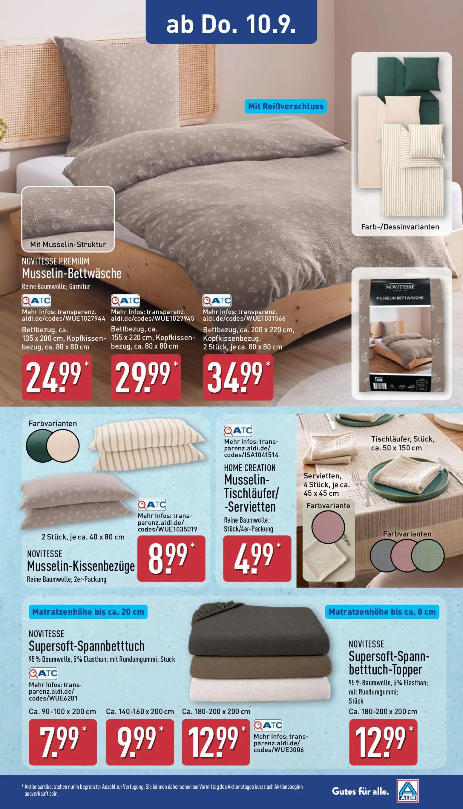 Aldi Nord Prospekt, Seite 13 von 14 — NOVITESSE PREMIUM Musselin-Bettwäsche Reine Baumwolle; Garnitur Bettbezug, ca. 135 x 2…