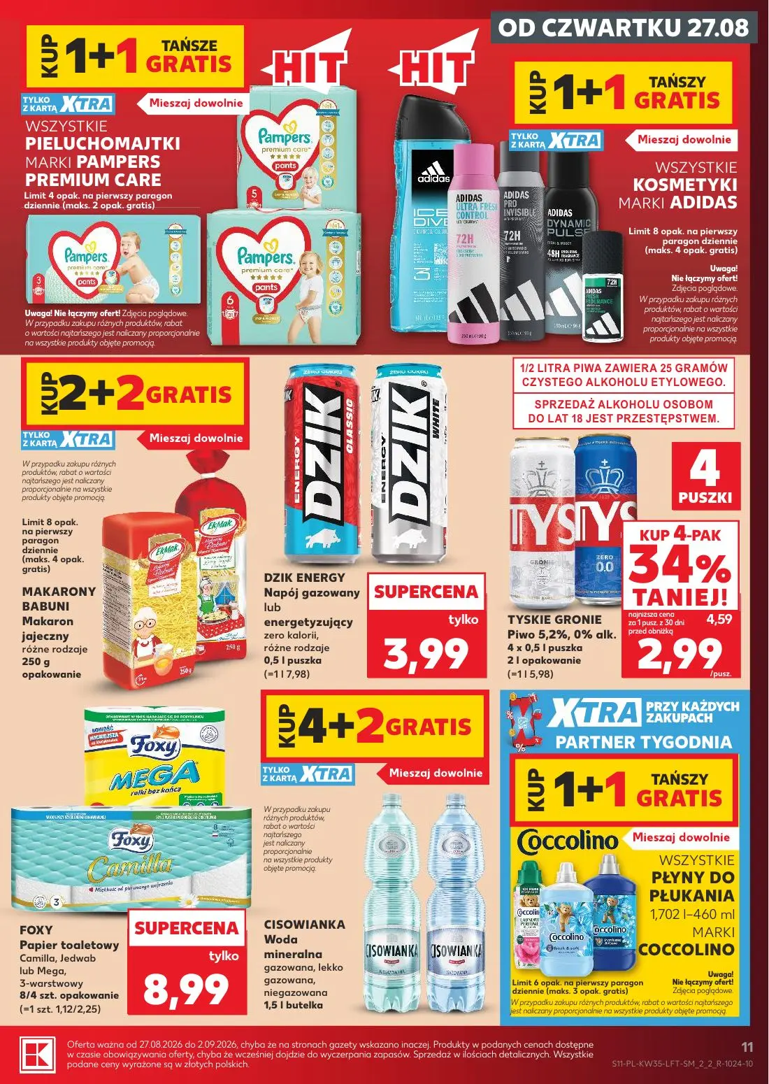 Kaufland gazetka, strona 11 z 66 — TYSKIE GRONIE Piwo 5,2%, 0% alk., DZIK ENERGY Napój gazowany lub energetyzujący zero kalo…