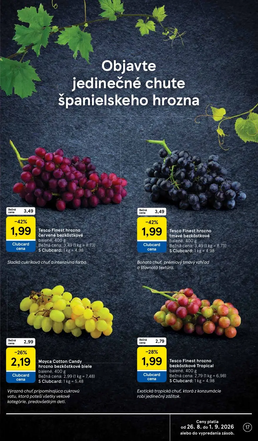 Tesco Supermarket leták, strana 17 z 38 — Tesco Finest hrozno červené bezkôstkové, Tesco Finest hrozno tmavé bezkôstkové, Mo…