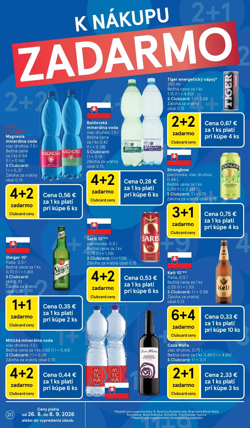 Tesco Supermarket leták, strana 20 z 38 — Magnesia minerálna voda viac druhov, Baldovská minerálna voda viac druhov, Tiger e…