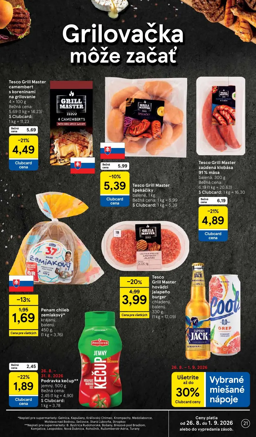 Tesco Supermarket leták, strana 21 z 38 — Tesco Grill Master camembert s koreninami na grilovanie, Tesco Grill Master hovädz…
