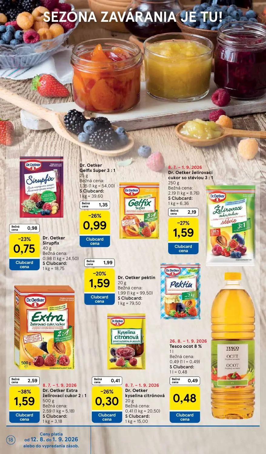 Tesco leták, strana 18 z 58 — Dr. Oetker kyselina citrónová, Tesco ocot 8%