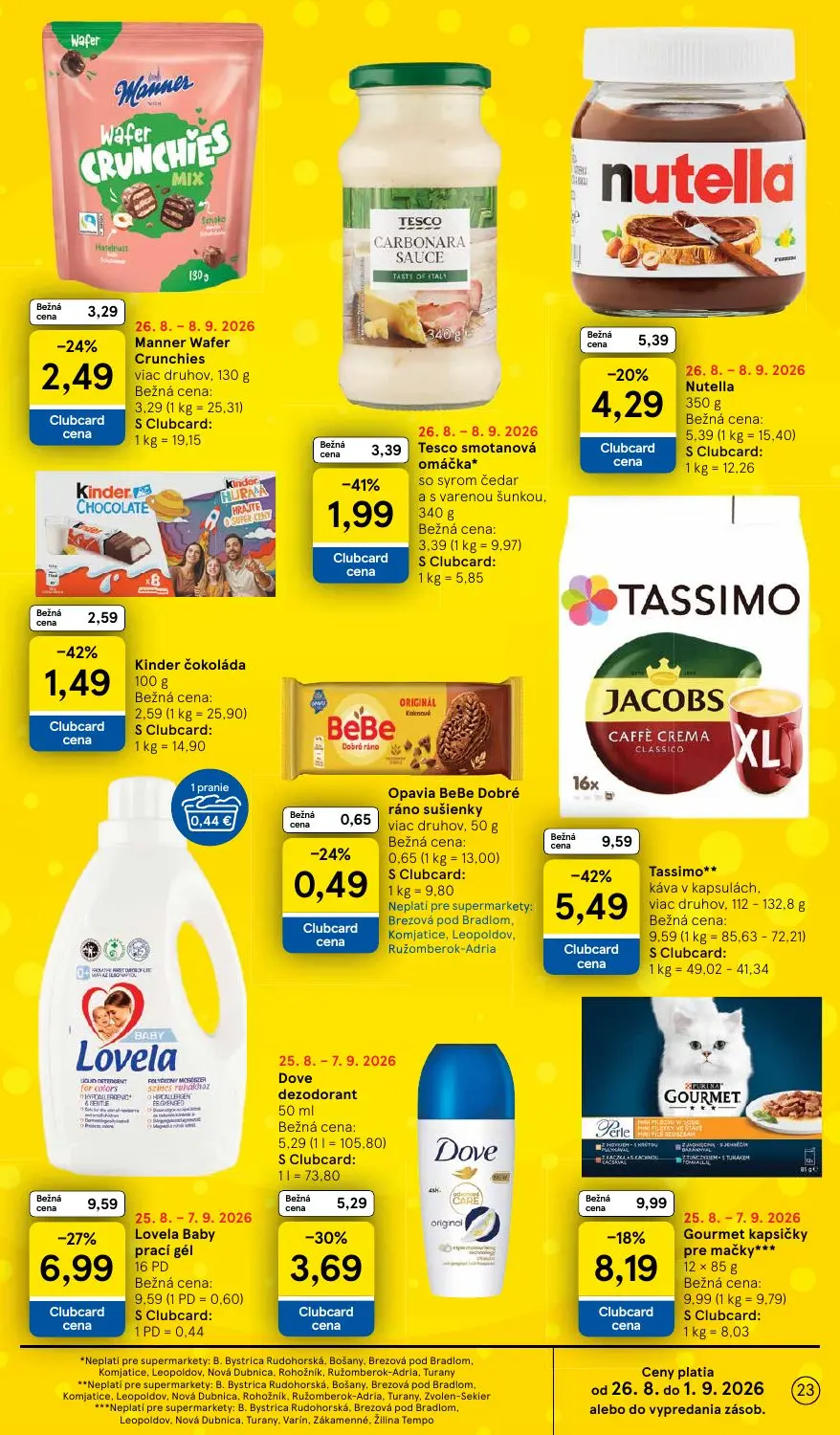 Tesco Supermarket leták, strana 23 z 38 — Tassimo káva v kapsulách, Lovela Baby prací gél, Gourmet kapsičky pre mačky