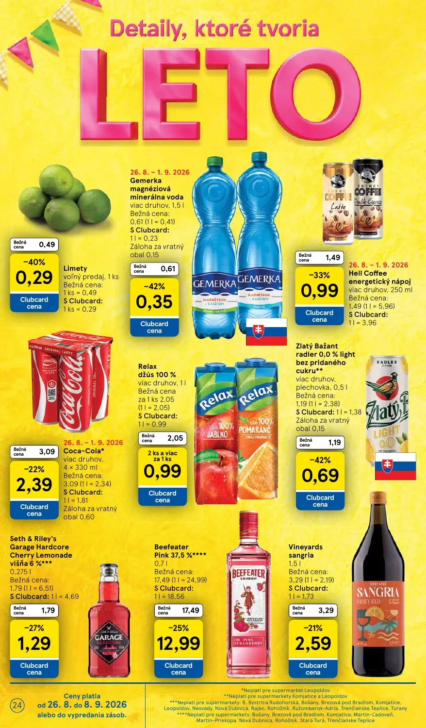 Tesco Supermarket leták, strana 24 z 38 — Beefeater Pink 37,5%, Relax džús 100%, Coca-Cola