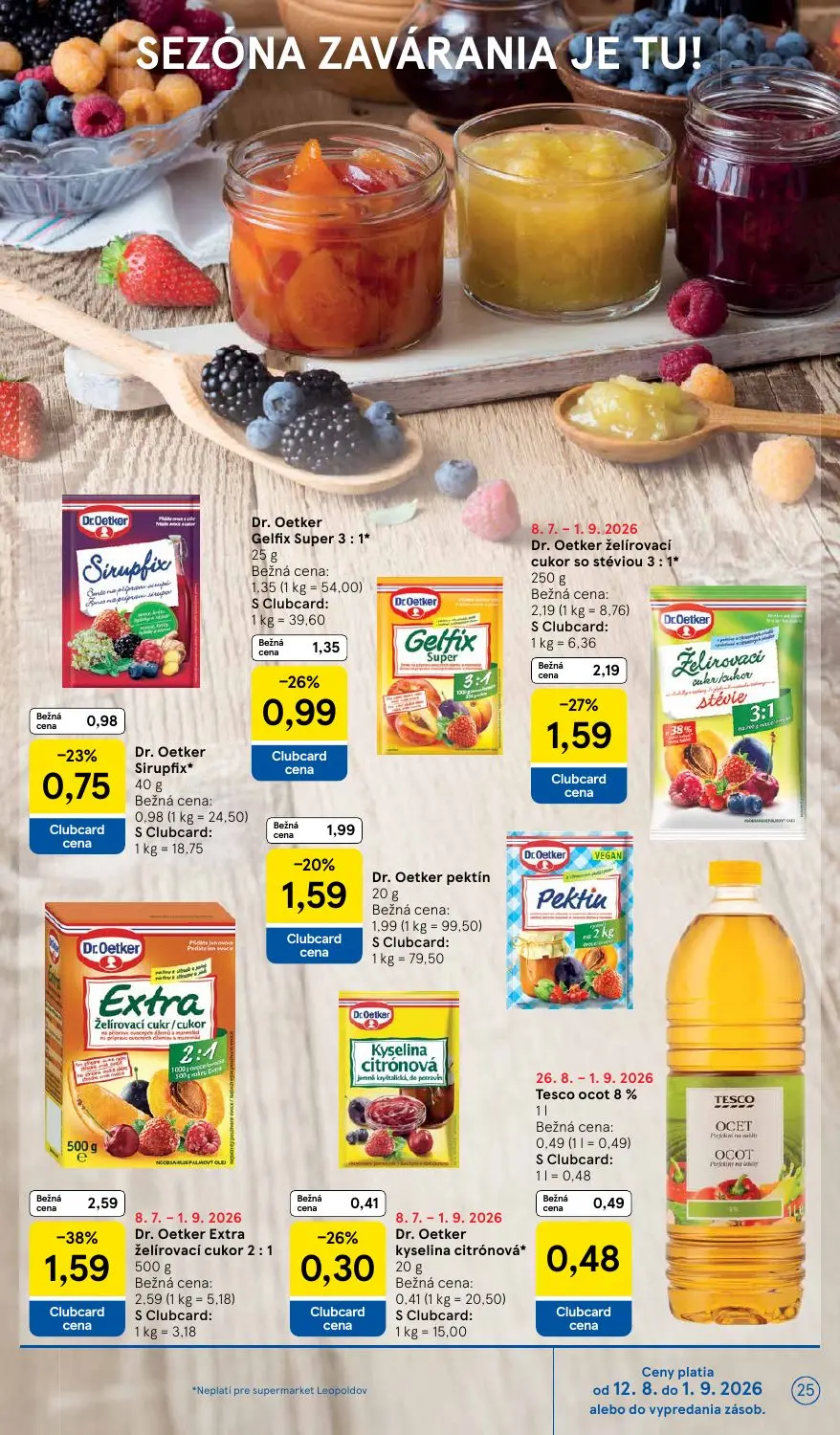Tesco Supermarket leták, strana 25 z 38 — Dr. Oetker Extra želírovací cukor 2: 1, Dr. Oetker želírovací cukor so stéviou 3: …