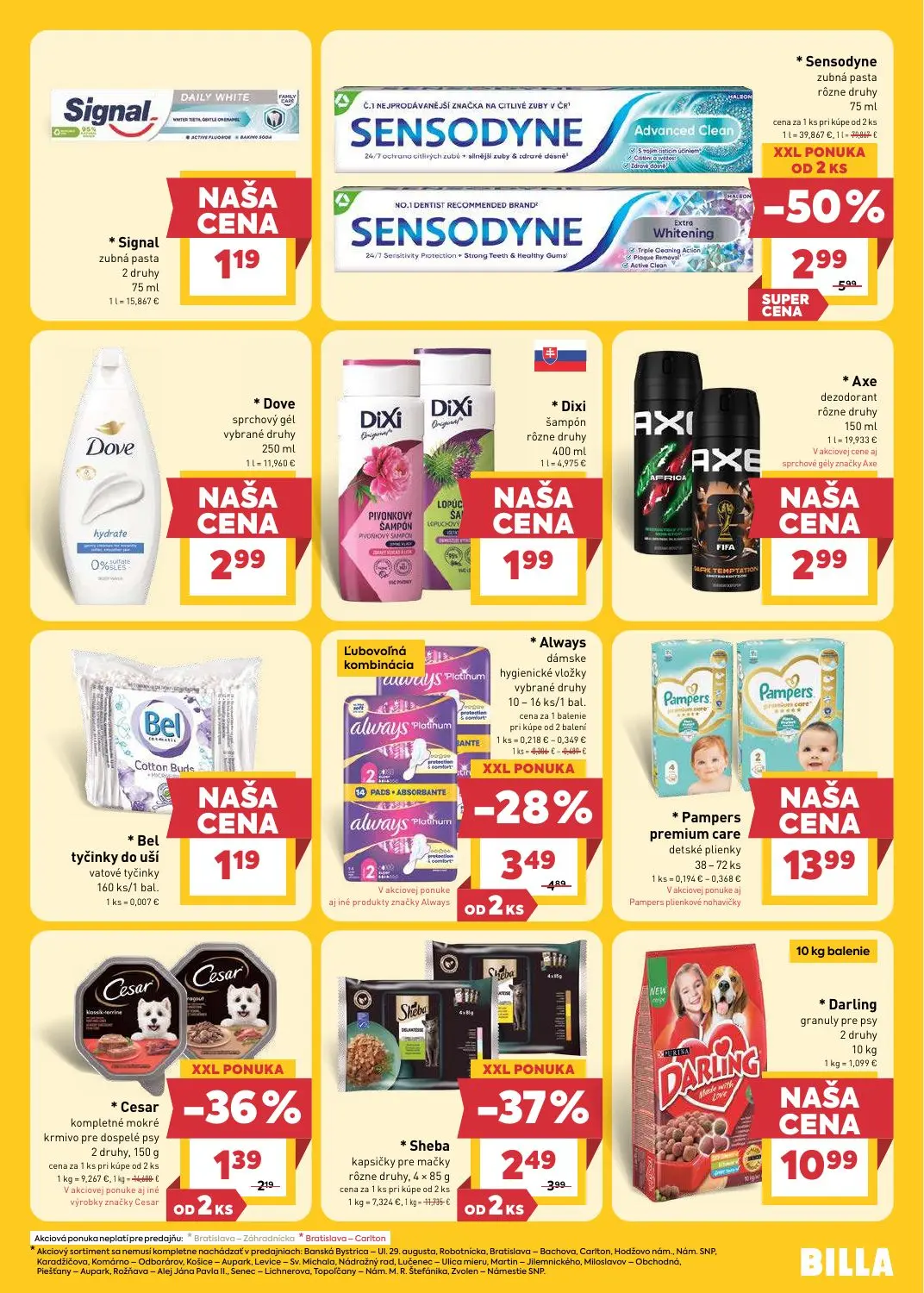 Billa leták, strana 25 z 25 — SENSODYNE zubná pasta, Signal zubná pasta, Dove sprchový gél