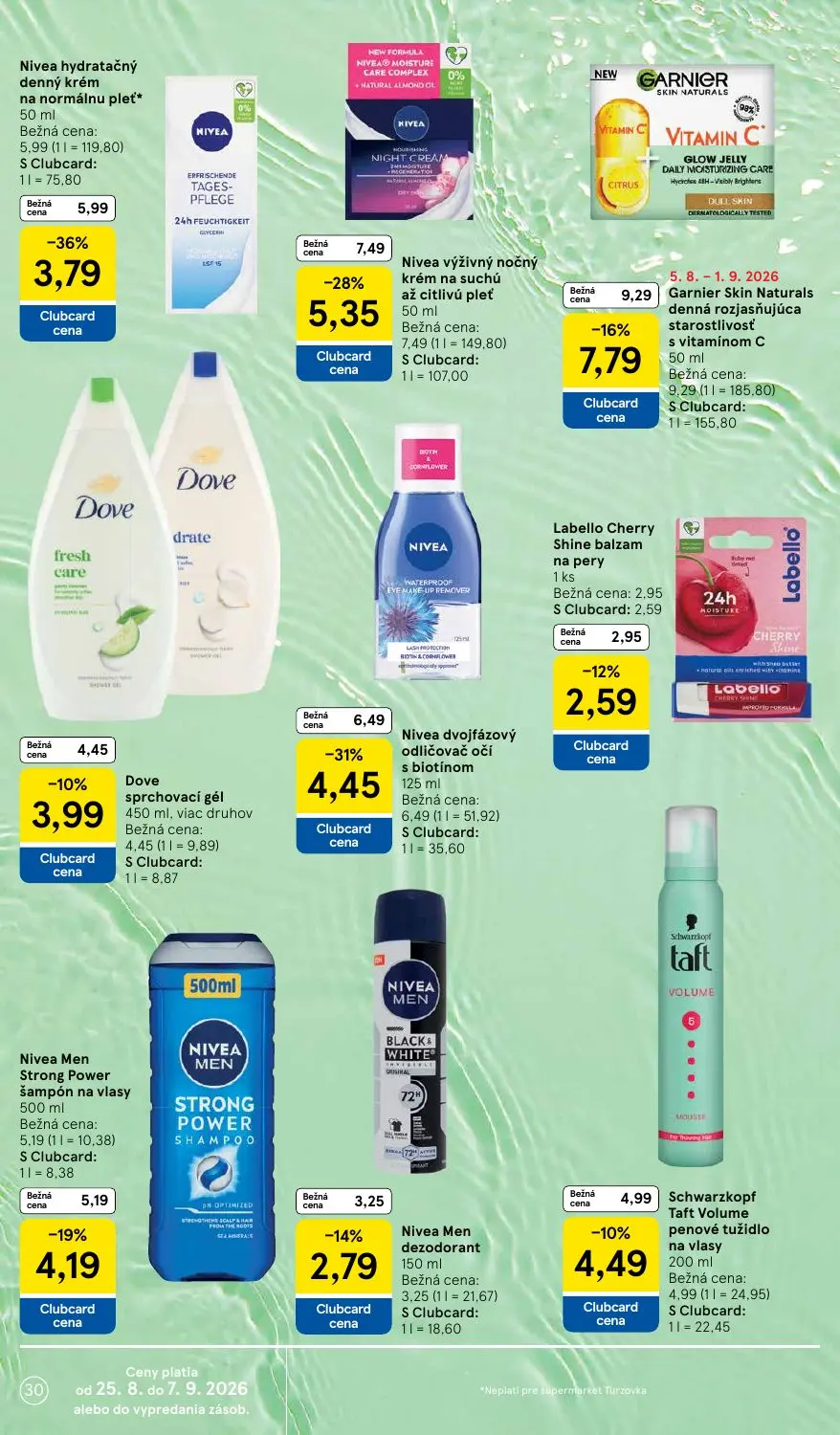 Tesco Supermarket leták, strana 30 z 38 — Nivea hydratačný denný krém na normálnu pleť, Nivea výživný nočný krém na suchú až…