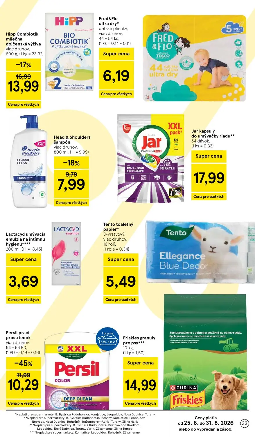 Tesco Supermarket leták, strana 33 z 38 — Hipp Combiotik mliečna dojčenská výživa, Head & Shoulders šampón, Persil prací pro…
