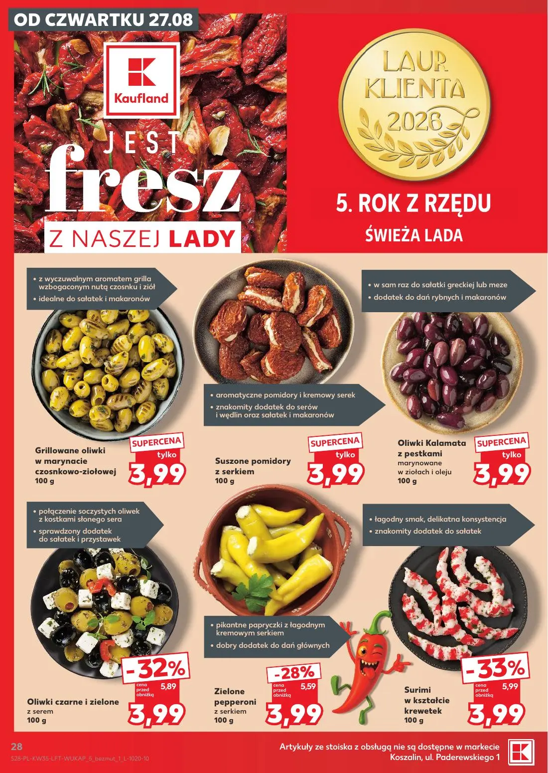 Kaufland gazetka, strona 28 z 66 — Surimi w kształcie krewetek, Oliwki czarne i zielone z serem, Zielone pepperoni z serkiem