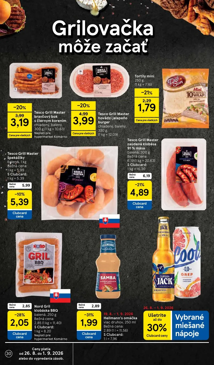 Tesco leták, strana 30 z 58 — Tesco Grill Master hovädzí jalapeño burger, Tesco Grill Master bravčový bok s čiernym korením,…