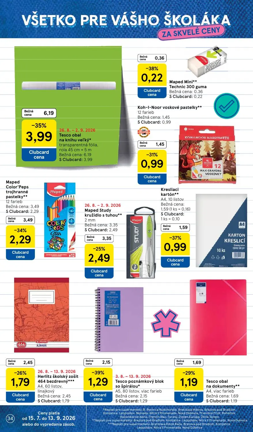 Tesco Supermarket leták, strana 34 z 38 — Tesco obal na knihu veľký, Maped Color'Peps trojhranné pastelky, Maped Study kruži…