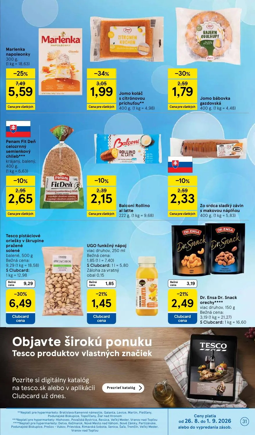 Tesco leták, strana 31 z 58 — Tesco pistáciové oriešky v škrupine pražené solené, Marlenka napoleonky, Balconi Rollino al la…