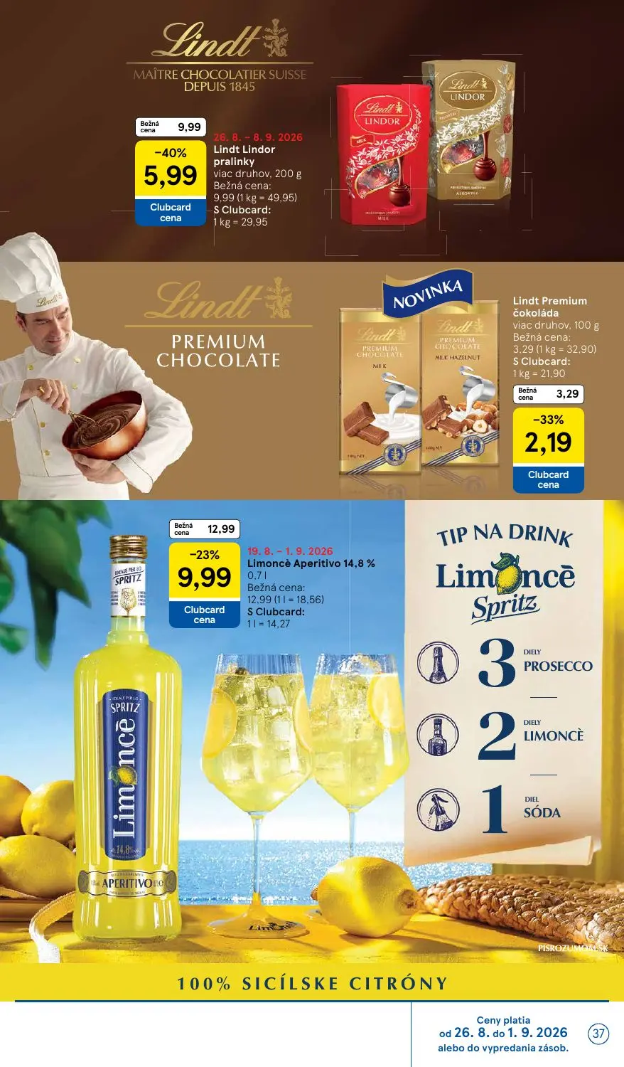 Tesco Supermarket leták, strana 37 z 38 — Lindt Lindor pralinky, Limoncè Aperitivo 14,8%, Lindt Premium čokoláda