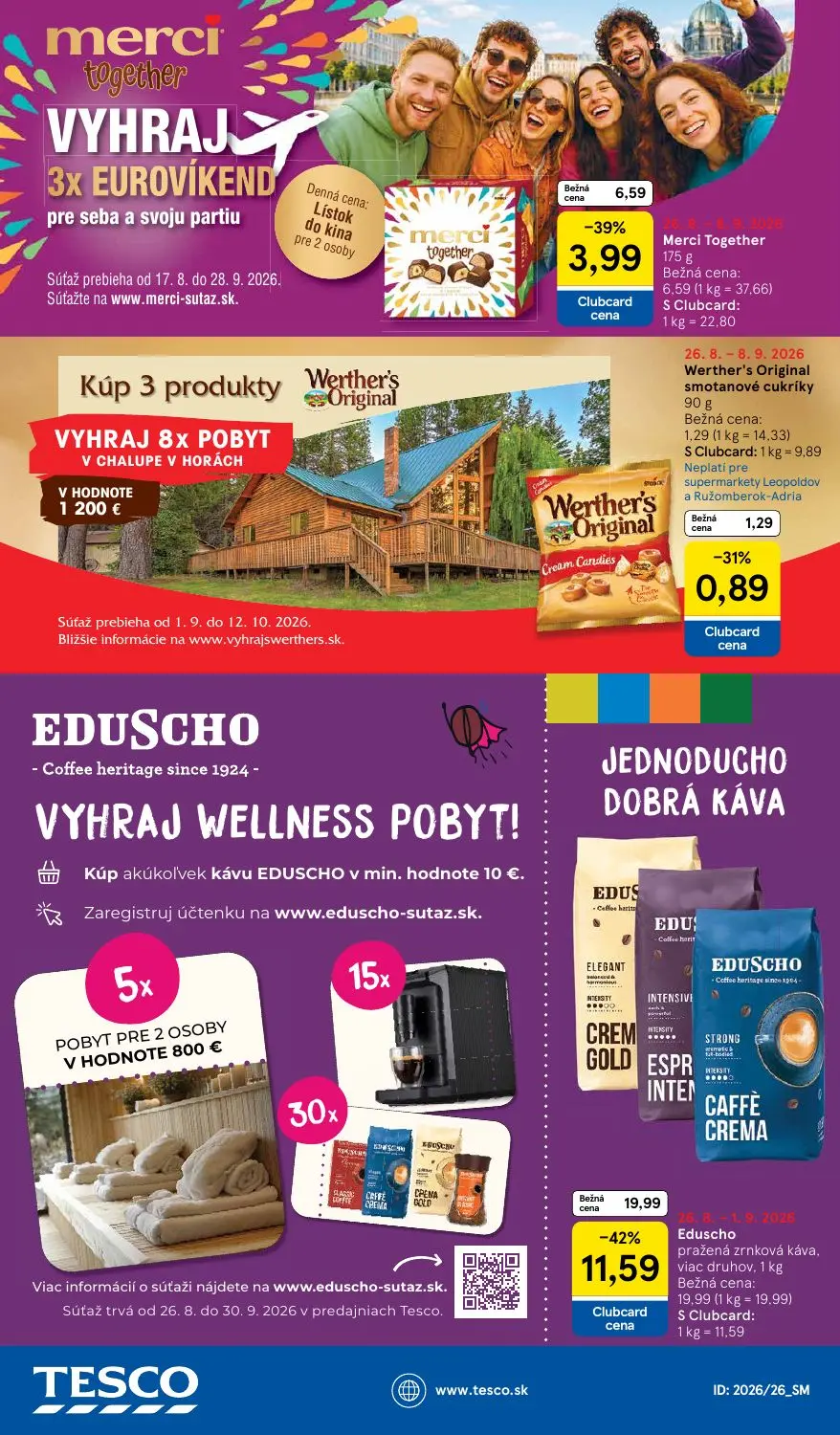 Tesco Supermarket leták, strana 38 z 38 — Eduscho pražená zrnková káva, viac druhov, Merci Together, Werther's Original smot…
