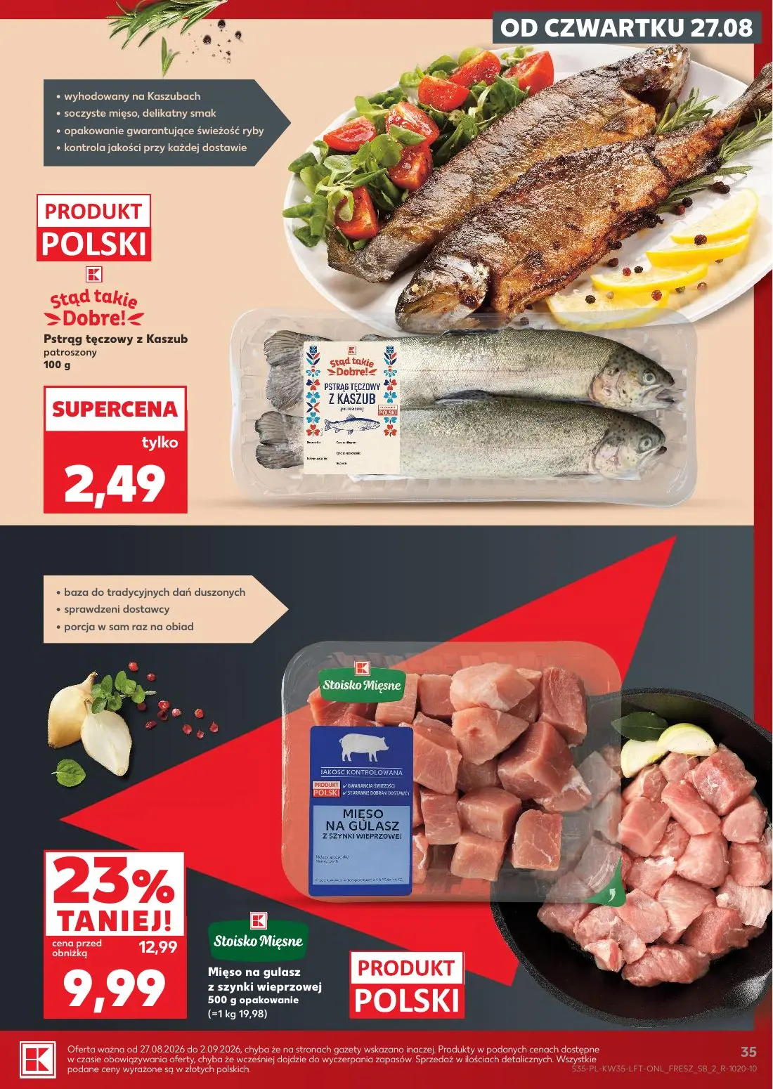 Kaufland gazetka, strona 35 z 66 — Mięso na gulasz z szynki wieprzowej, Pstrąg tęczowy z Kaszub patroszony