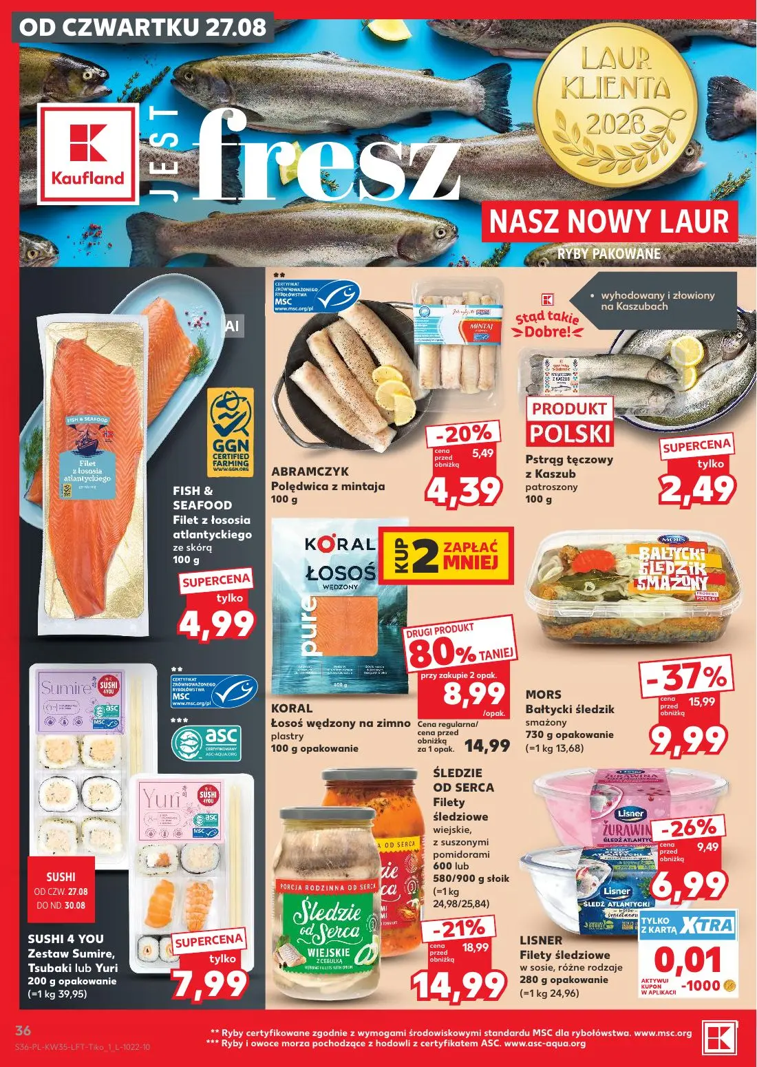 Kaufland gazetka, strona 36 z 66 — KORAL Łosoś wędzony na zimno plastry, MORS Bałtycki śledzik smażony, ŚLEDZIE OD SERCA Fil…
