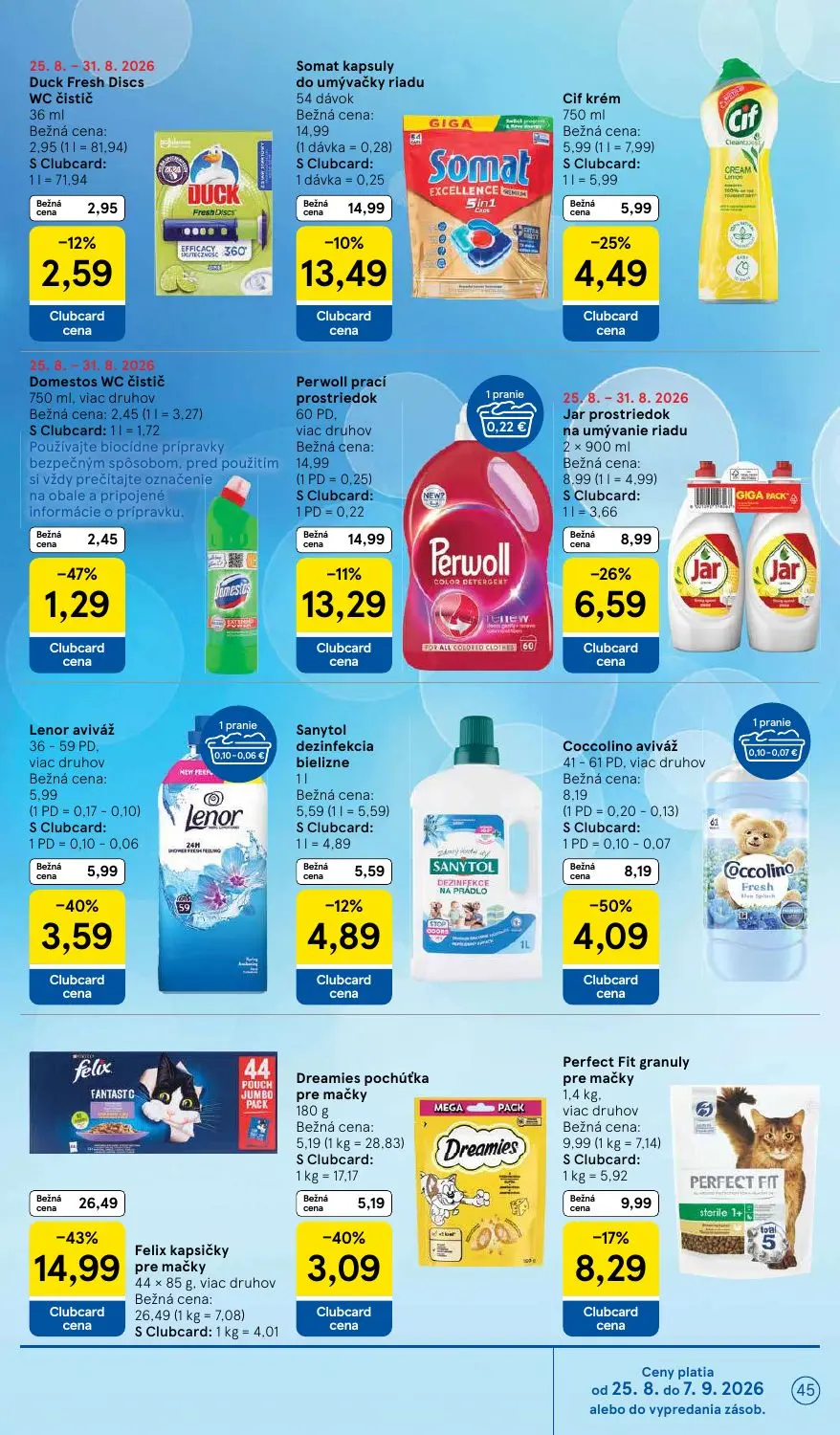 Tesco leták, strana 45 z 58 — Felix kapsičky pre mačky, Lenor aviváž, Perwoll prací prostriedok