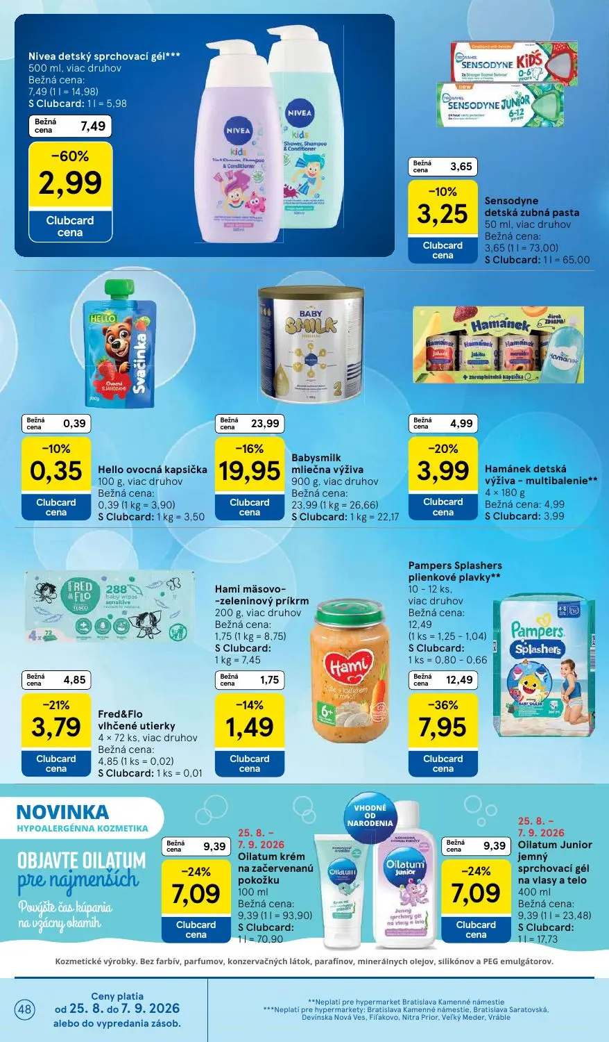 Tesco leták, strana 48 z 58 — Pampers Splashers plienkové plavky, Babysmilk mliečna výživa, Fred&Flo vlhčené utierky