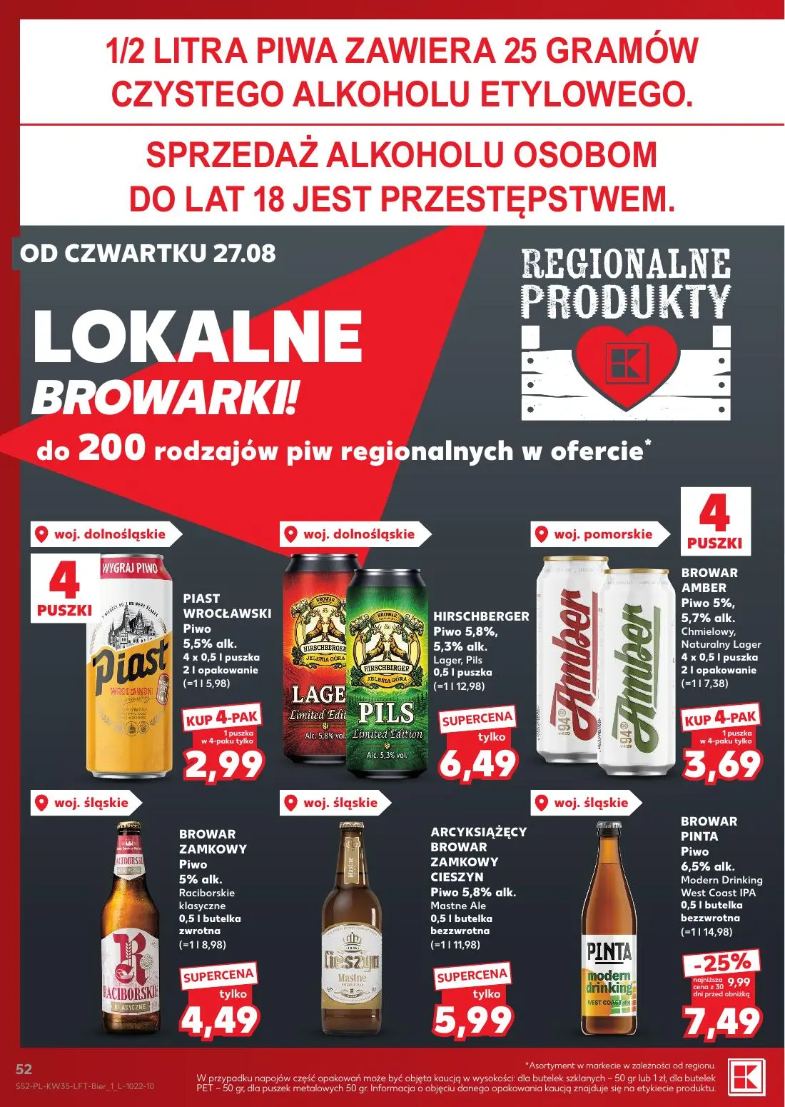 Kaufland gazetka, strona 52 z 66 — BROWAR PINTA Piwo Modern Drinking West Coast IPA, PIAST WROCŁAWSKI Piwo, HIRSCHBERGER Piwo