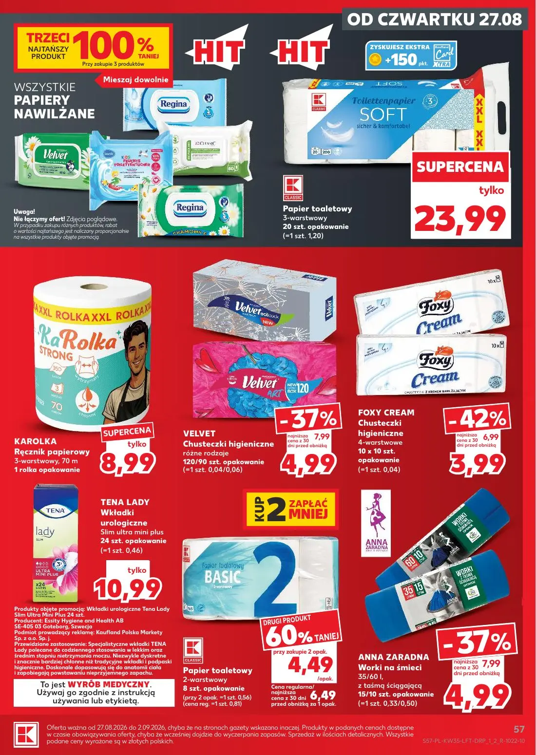 Kaufland gazetka, strona 57 z 66 — VELVET Chusteczki higieniczne różne rodzaje, FOXY CREAM Chusteczki higieniczne 4-warstwow…