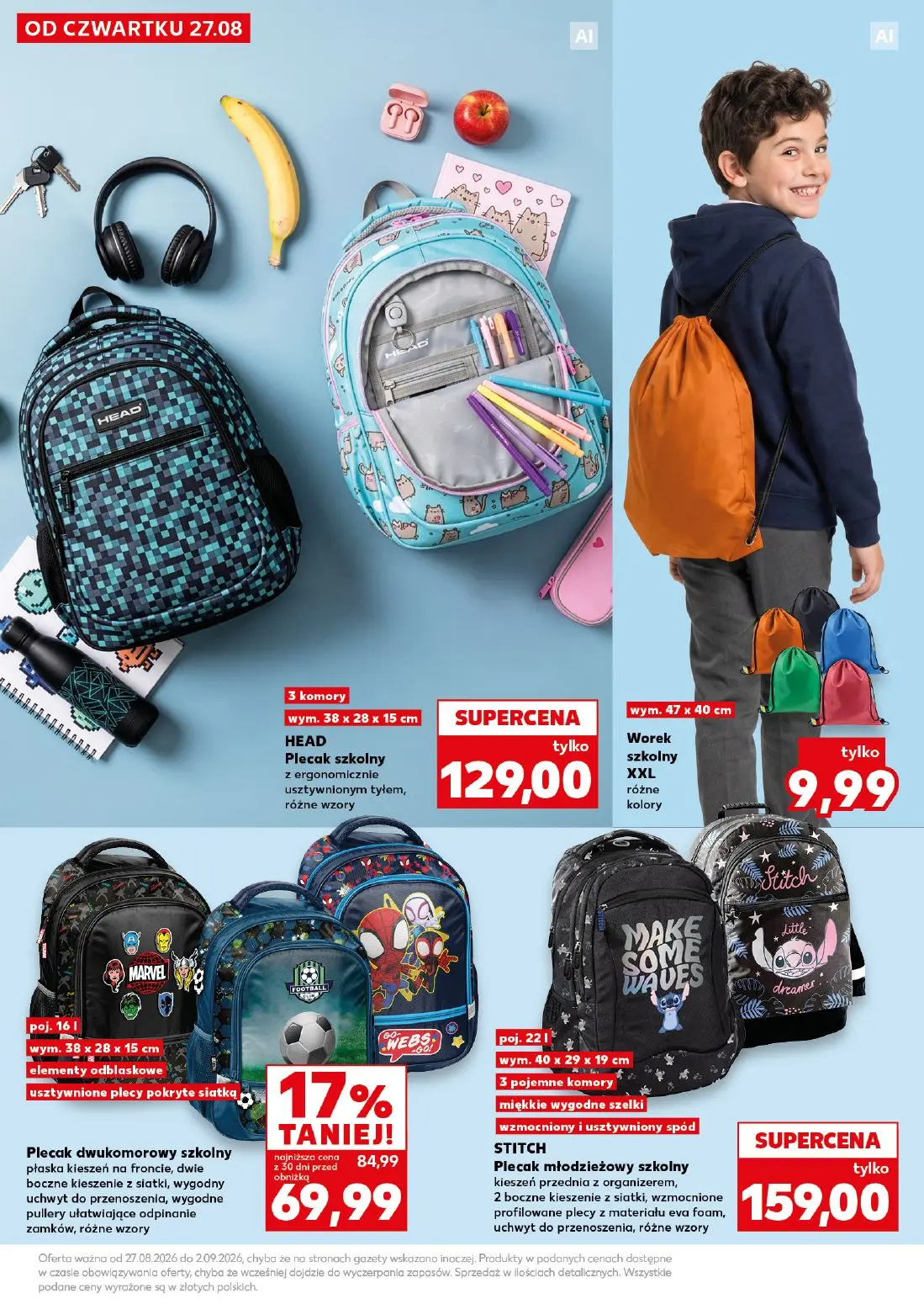 Kaufland gazetka, strona 39 z 42 — Plecak dwukomorowy szkolny płaska kieszeń na froncie, dwie boczne kieszenie z siatki, wyg…