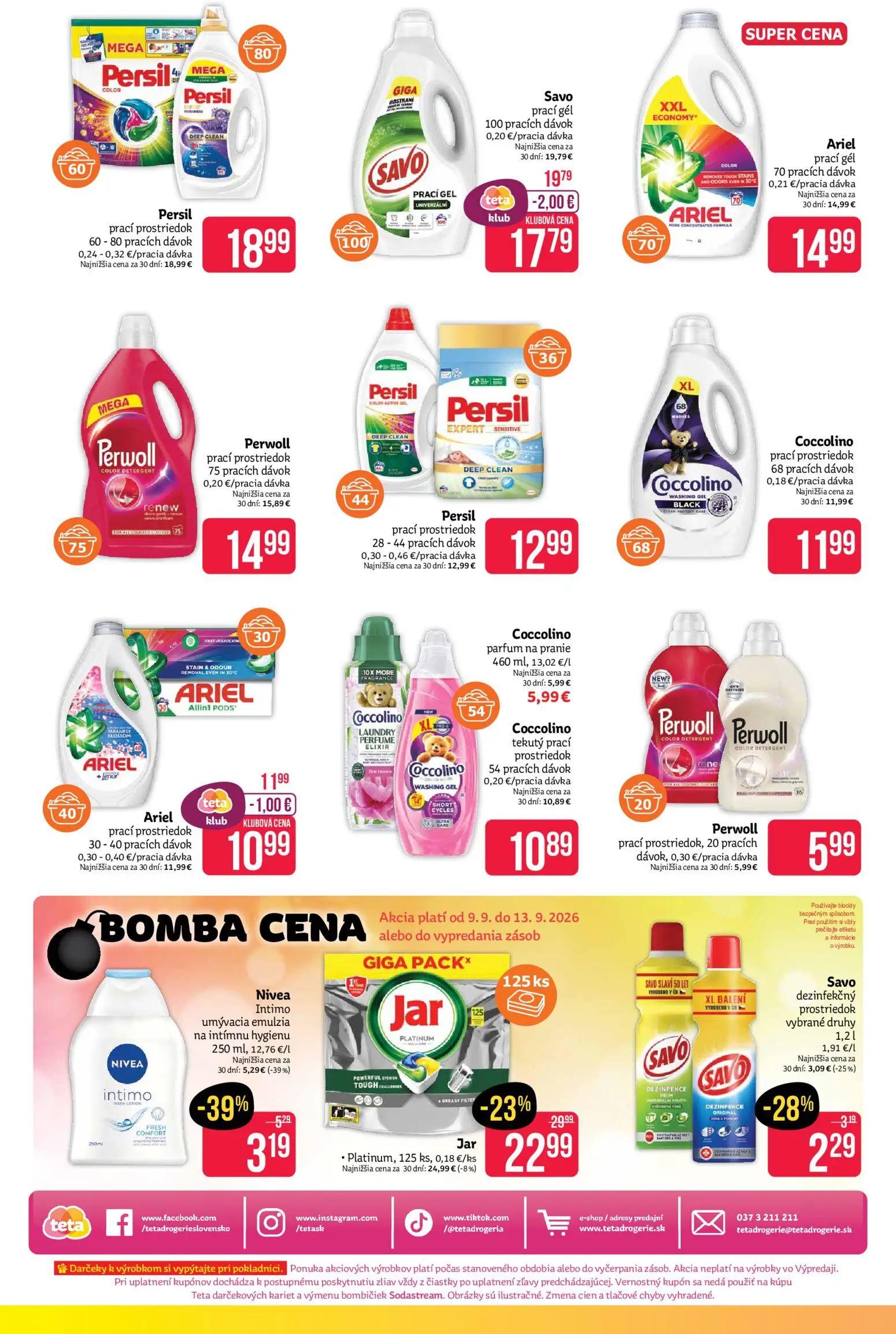 Teta Drogerie leták, strana 16 z 16 — Jar Platinum, Nivea Intimo umývacia emulzia na intímnu hygienu, Savo prací gél