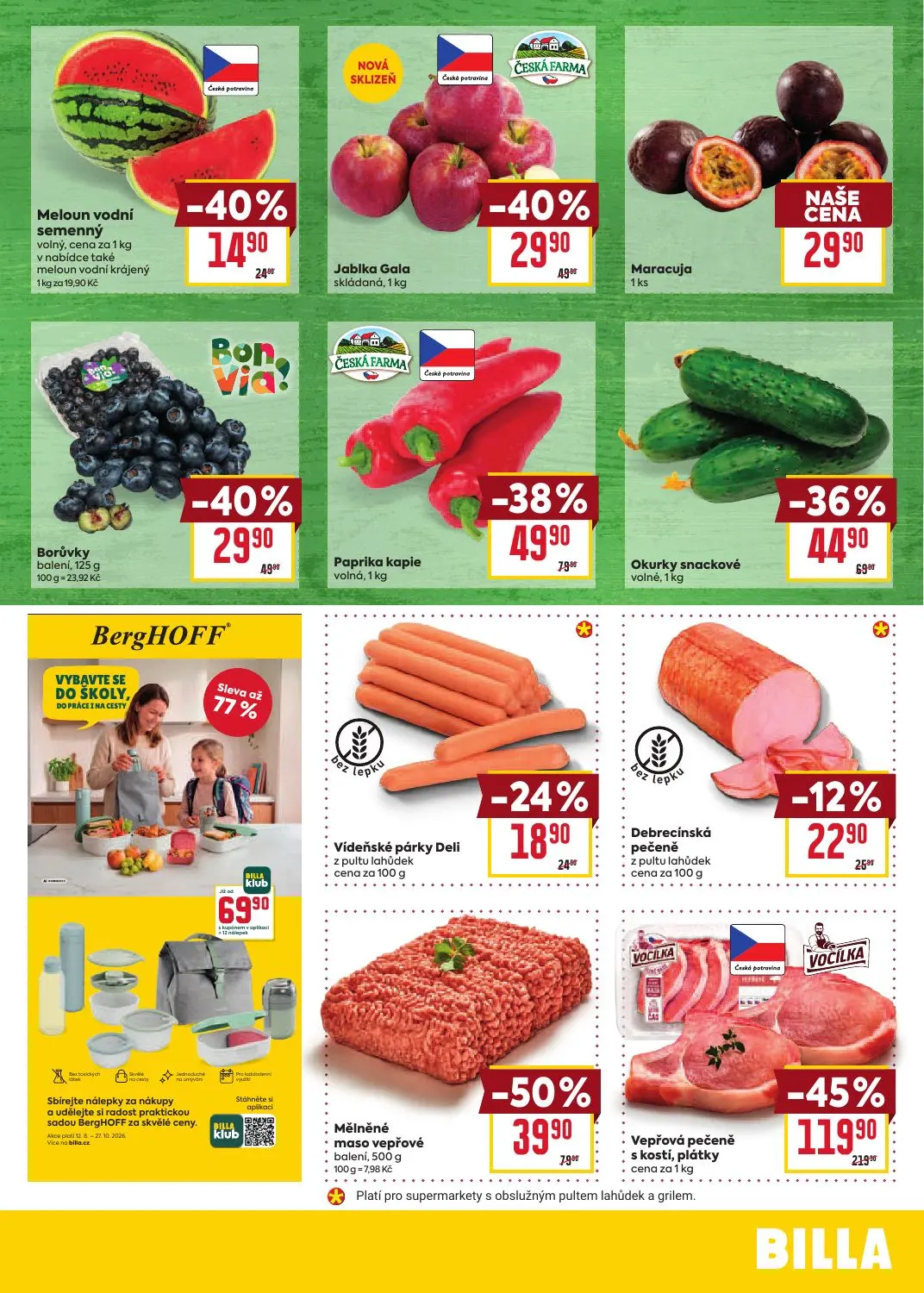 Billa leták, strana 3 z 8 — Vepřová pečeně s kostí, plátky, Mělněné maso vepřové